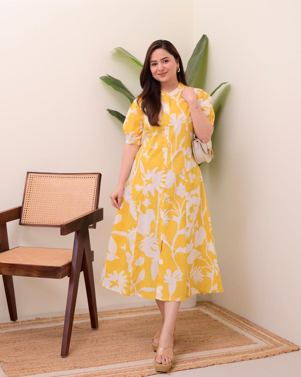 Floral Print Cotton Button-Front Midi Dress