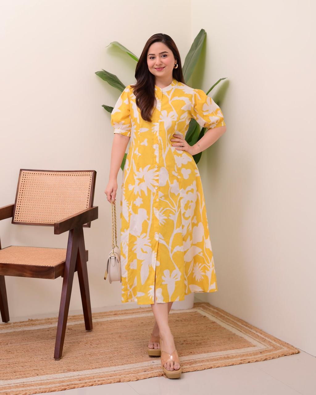 Floral Print Cotton Button-Front Midi Dress