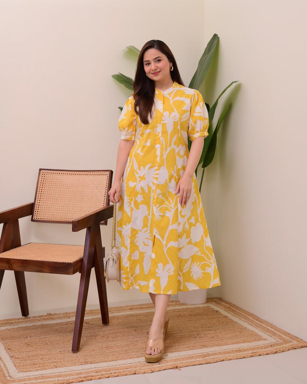 Floral Print Cotton Button-Front Midi Dress