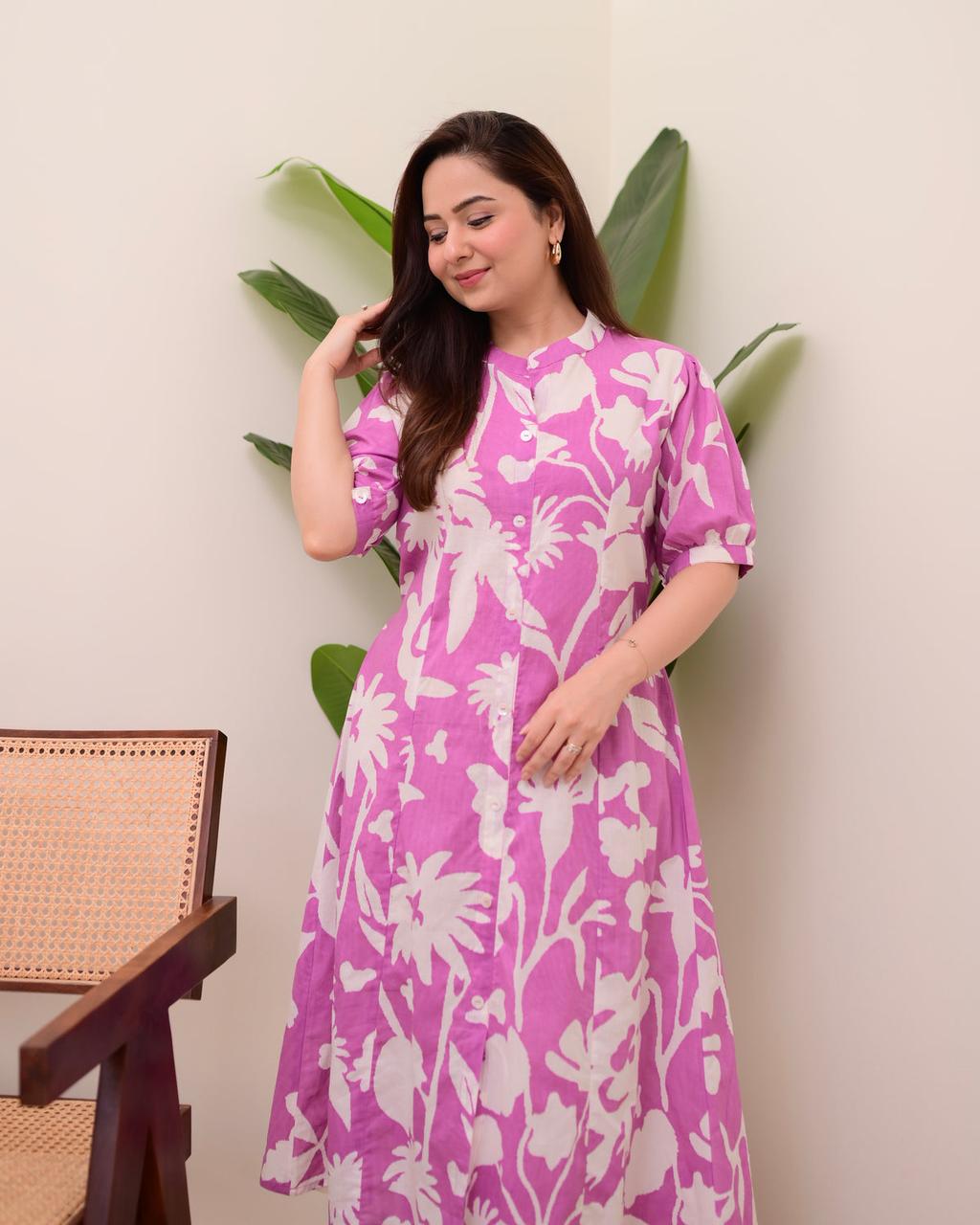 Floral Print Cotton Button-Front Midi Dress