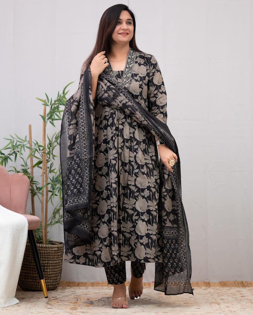 Floral Print Cotton Kurta Pant Suit Set with Embroidery & Dupatta