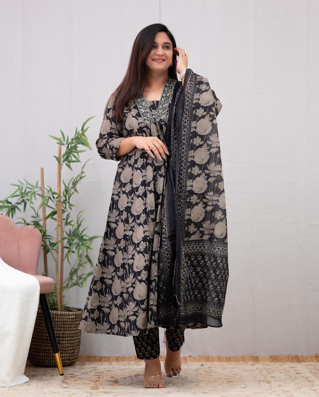 Floral Print Cotton Kurta Pant Suit Set with Embroidery & Dupatta
