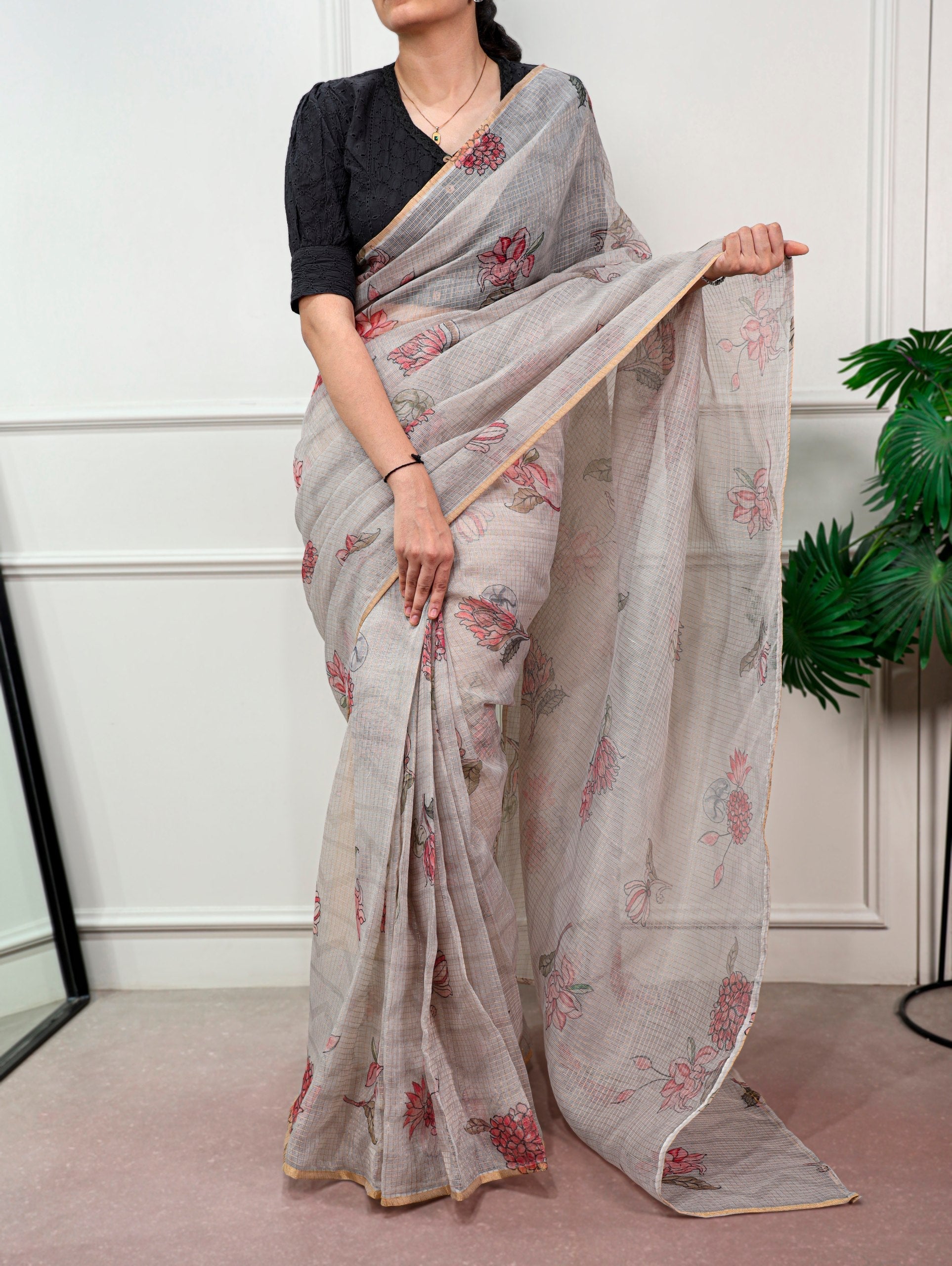 Floral Print Kota Doria Saree