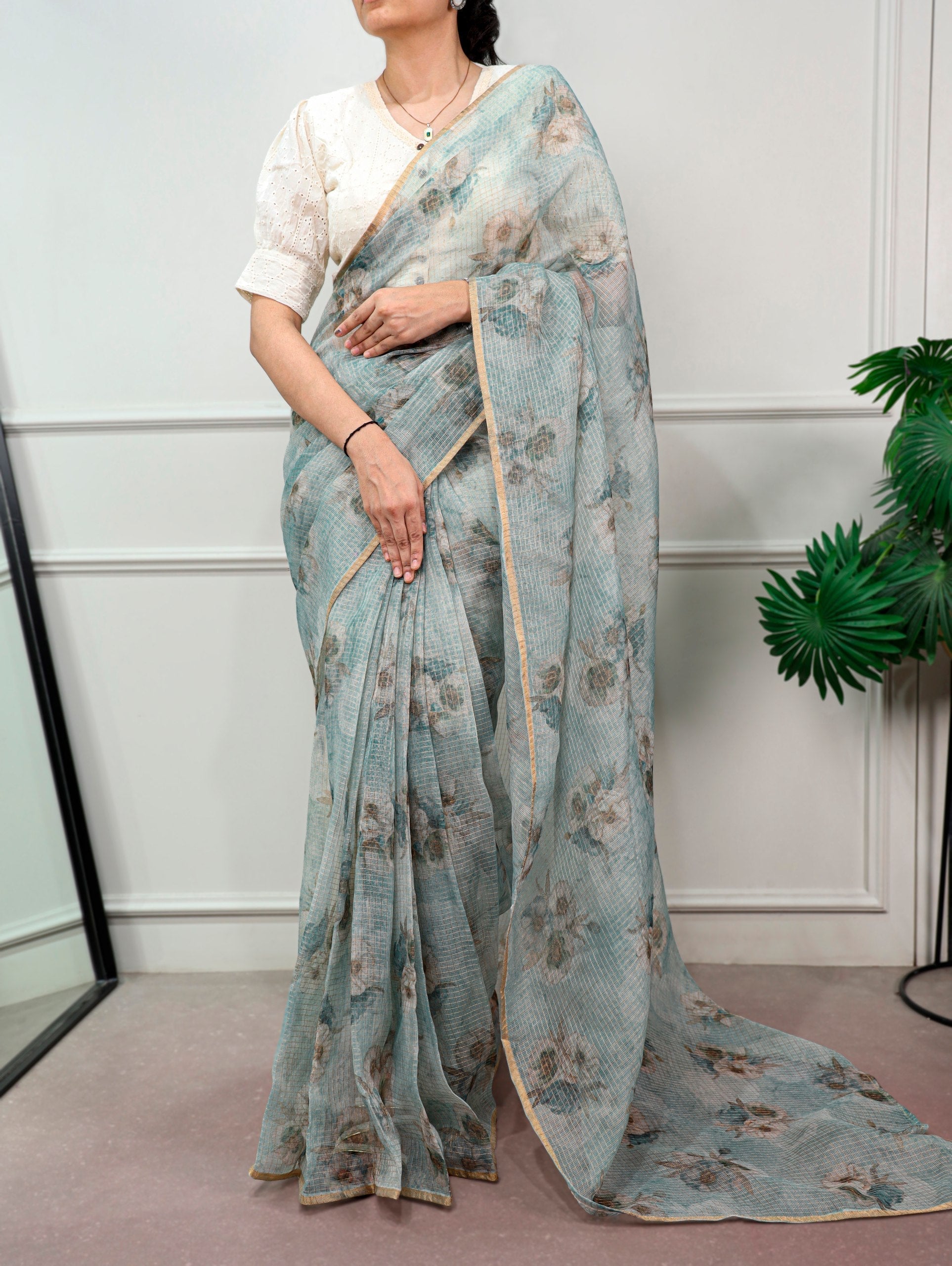 Floral Print Kota Doria Saree