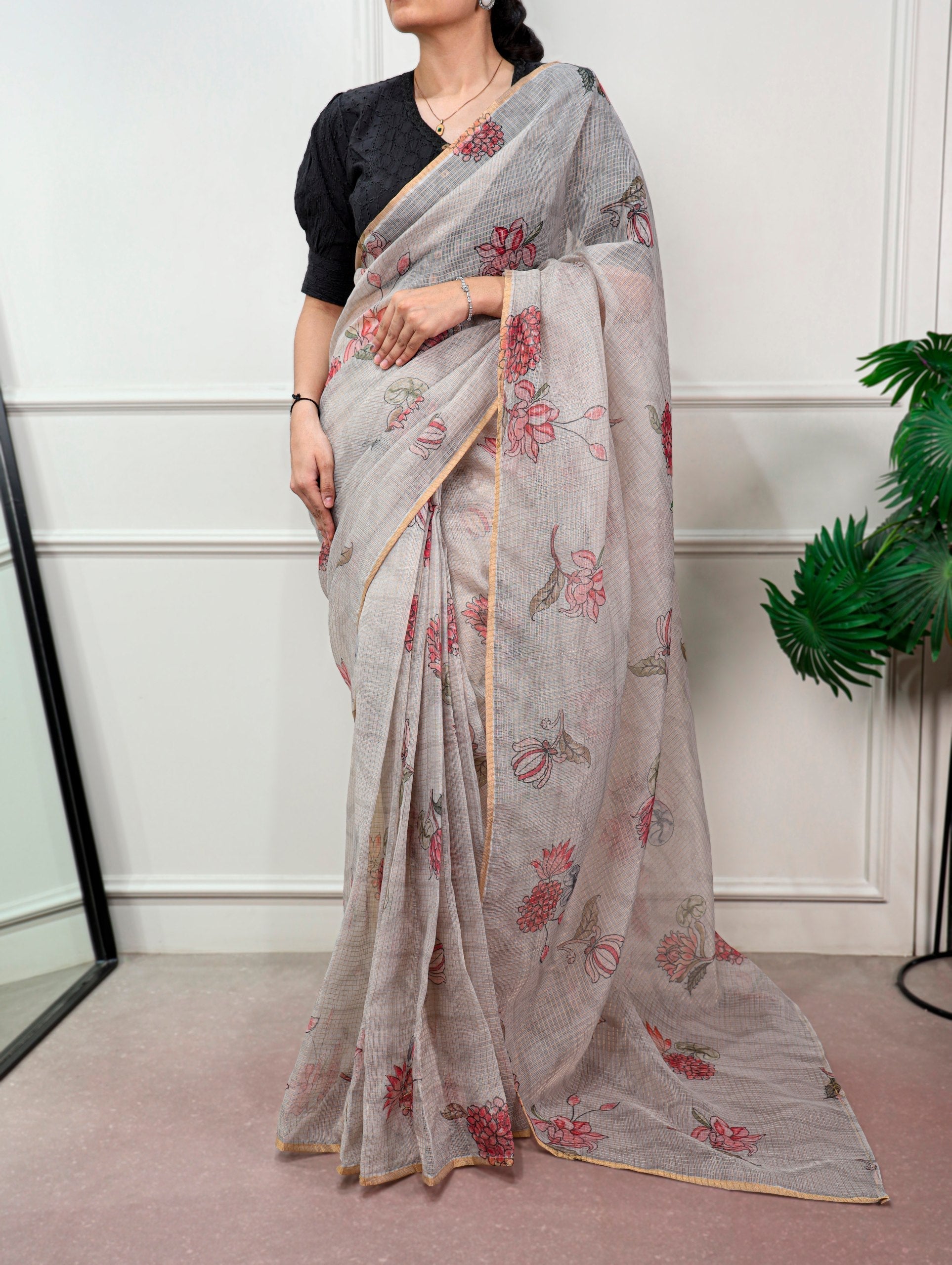 Floral Print Kota Doria Saree