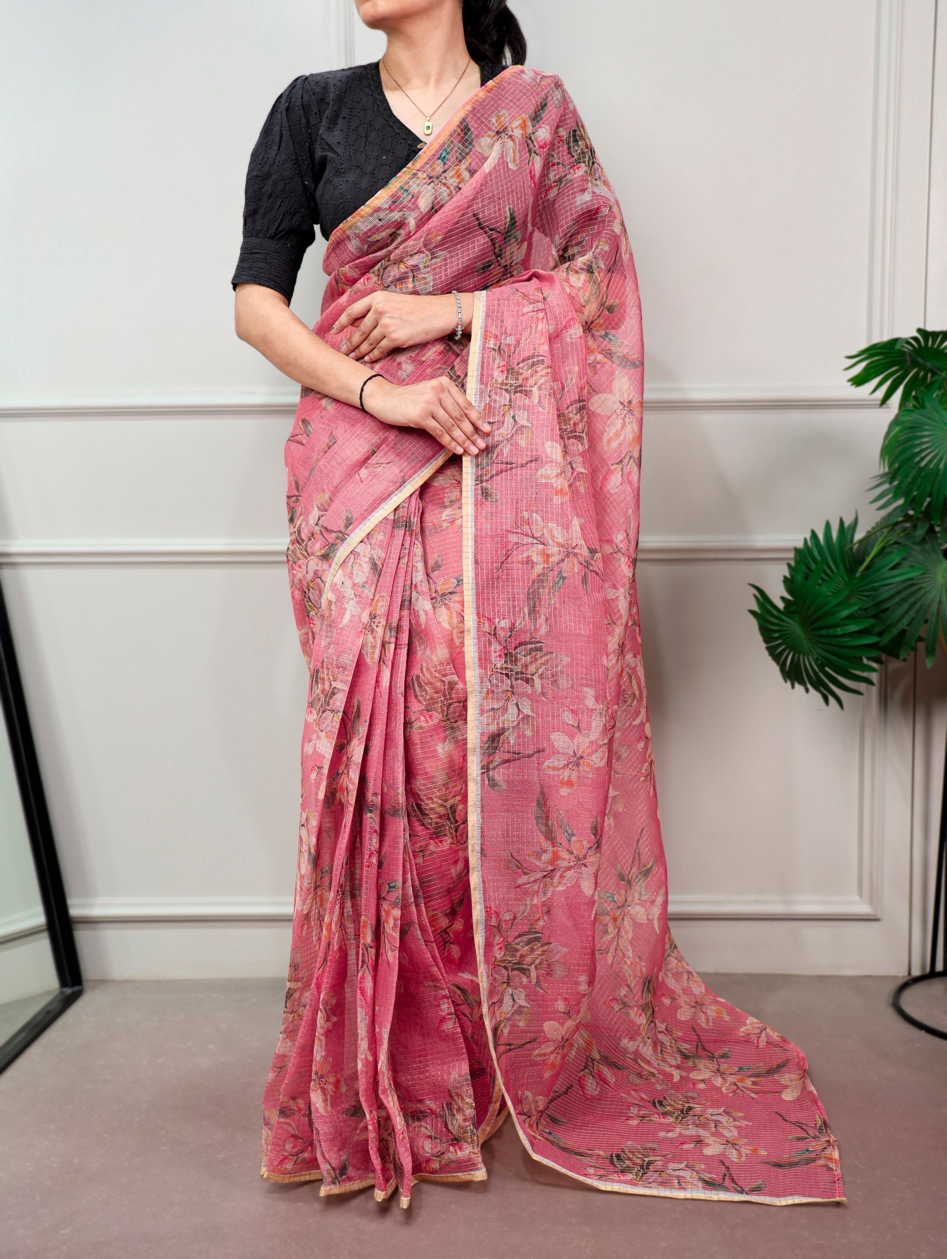 Floral Print Kota Doria Saree