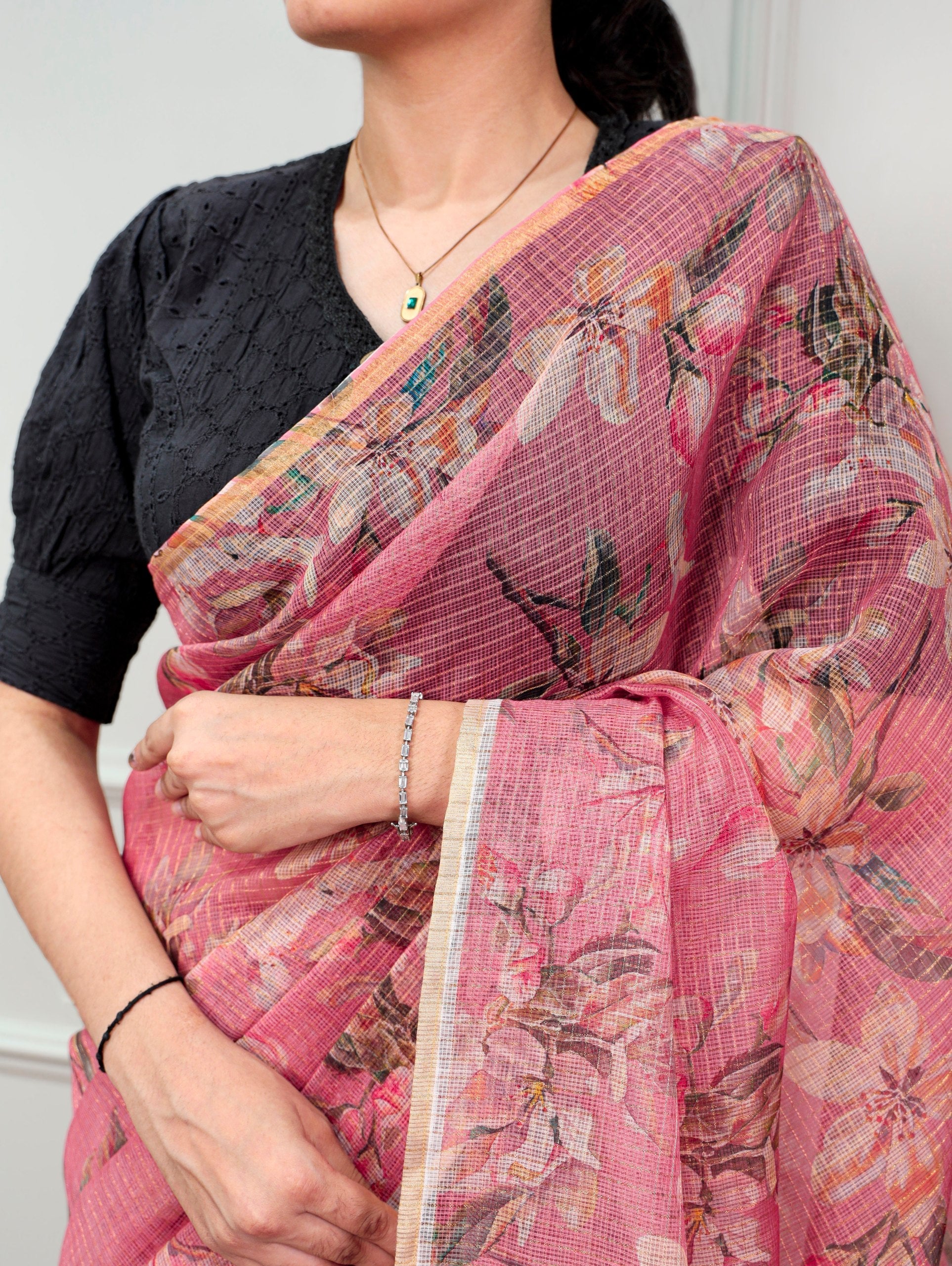 Floral Print Kota Doria Saree