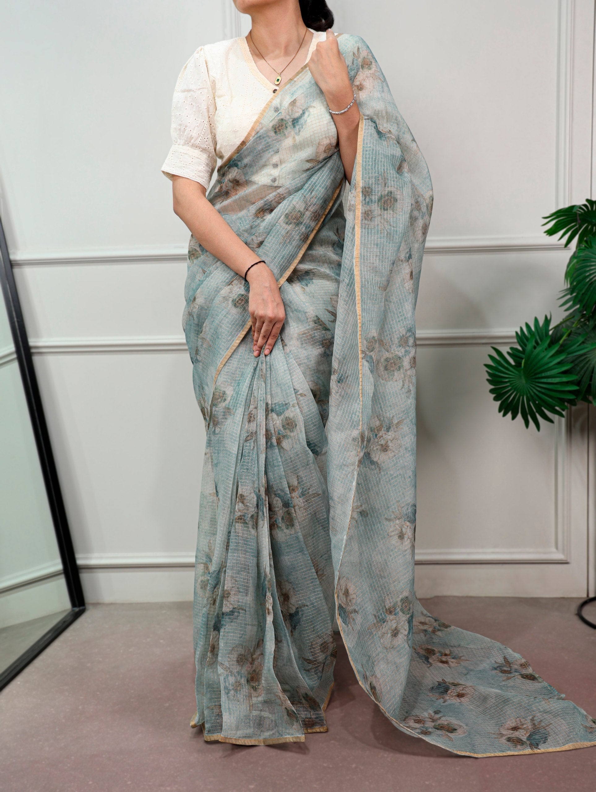 Floral Print Kota Doria Saree
