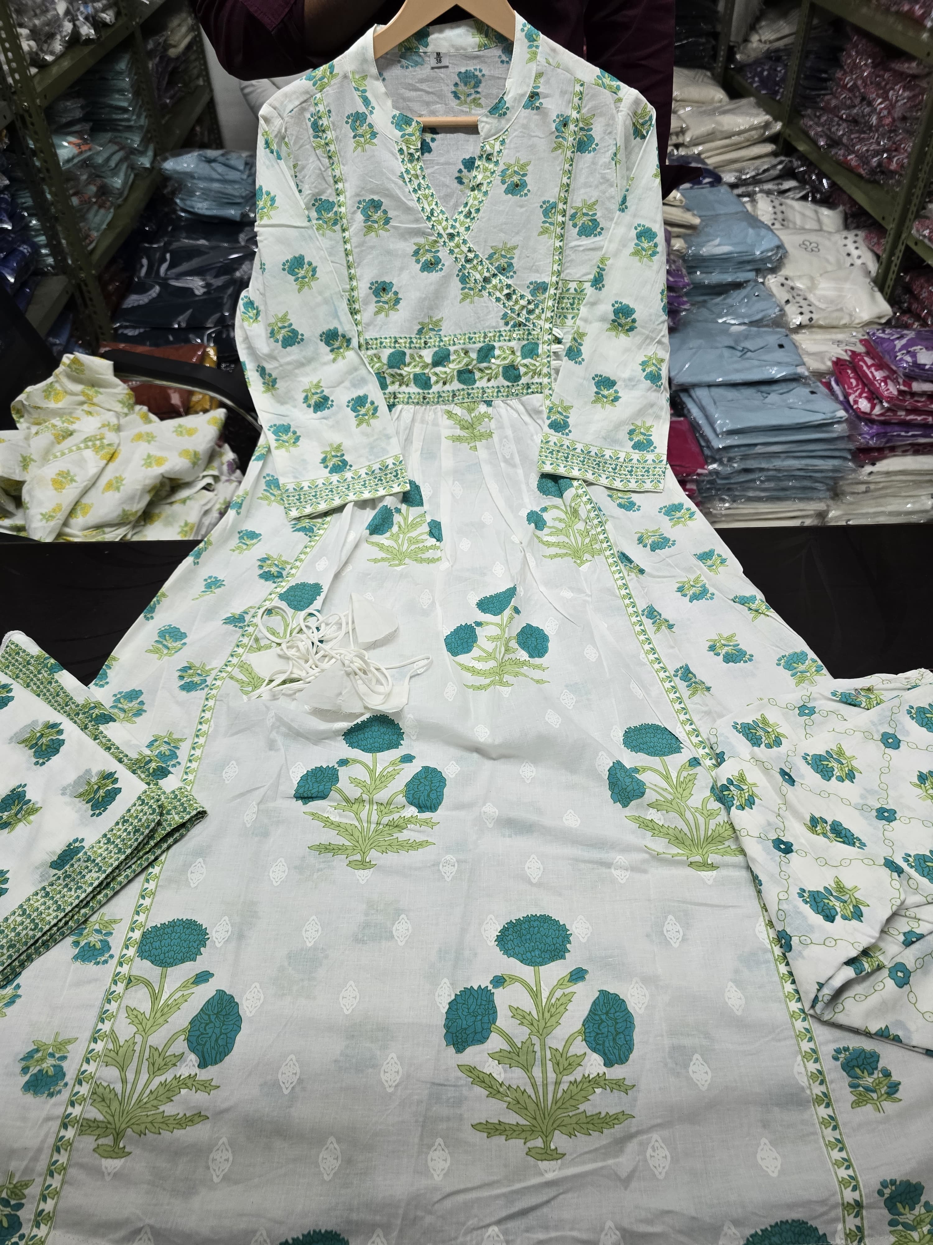Floral Printed Cotton Angrakha Kurti Set with Sequin Work, Pant & Mul Cotton Dupatta
