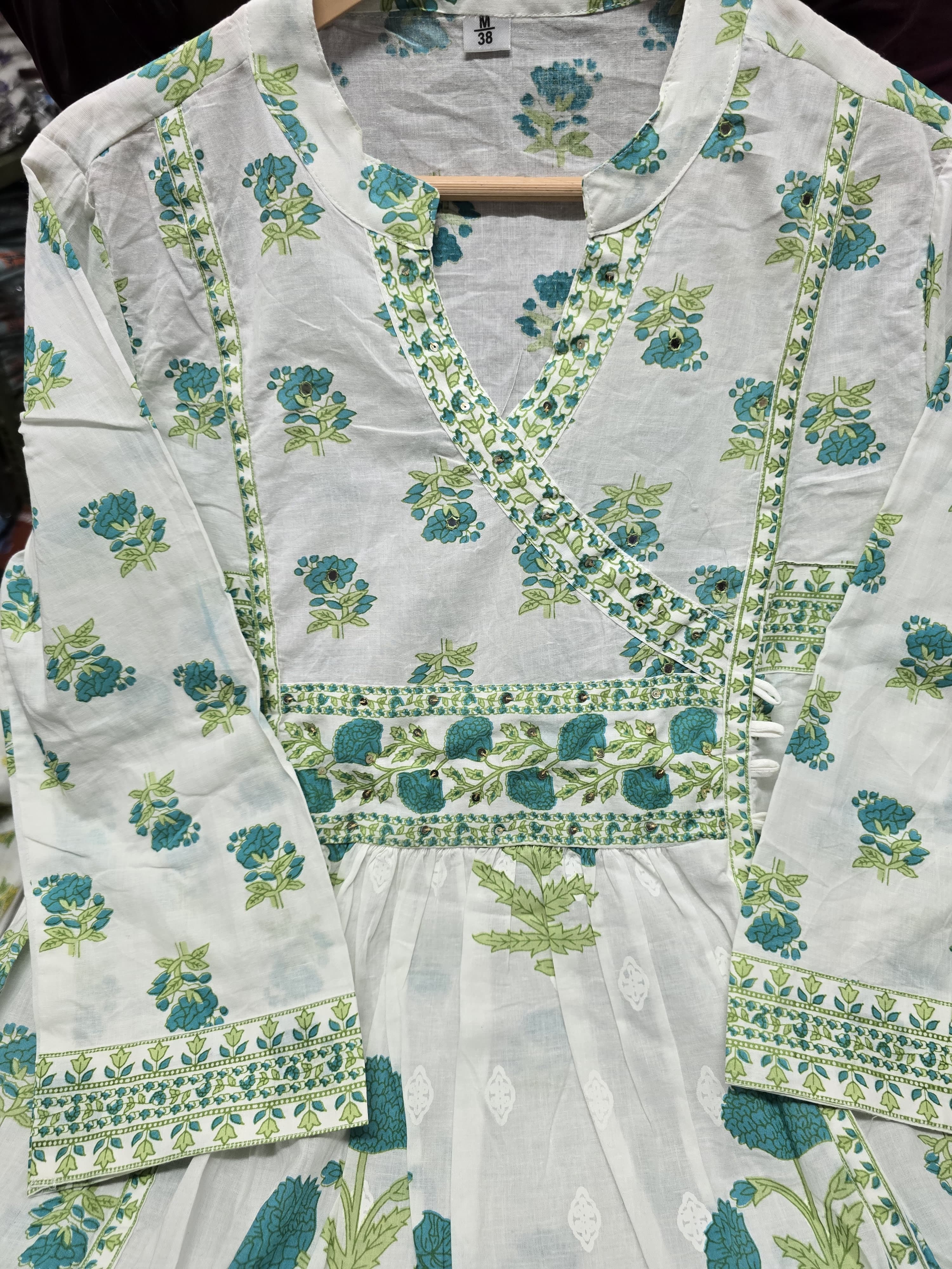 Floral Printed Cotton Angrakha Kurti Set with Sequin Work, Pant & Mul Cotton Dupatta
