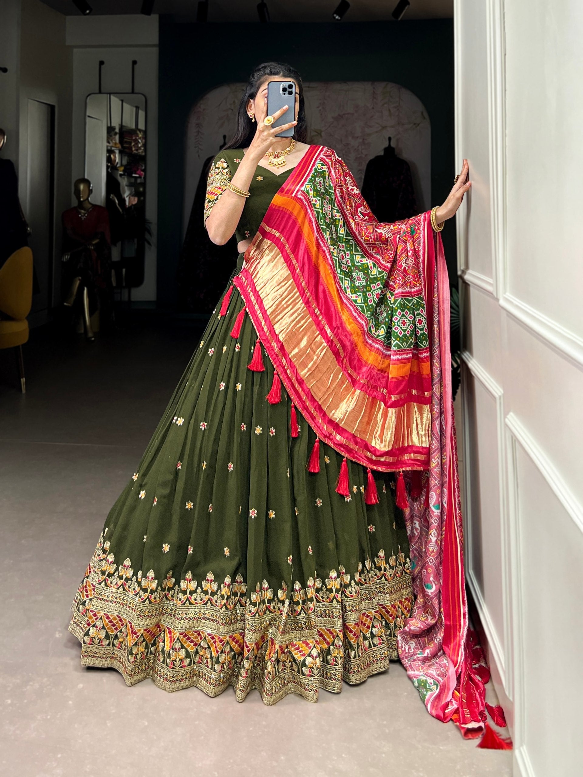 Forest Green Dazzle with Every Drape – Georgette Embroidered Lehenga Set