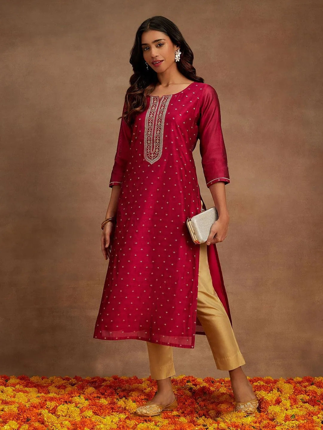Anouk Fuchsia Chanderi Silk Woven Design Kurta