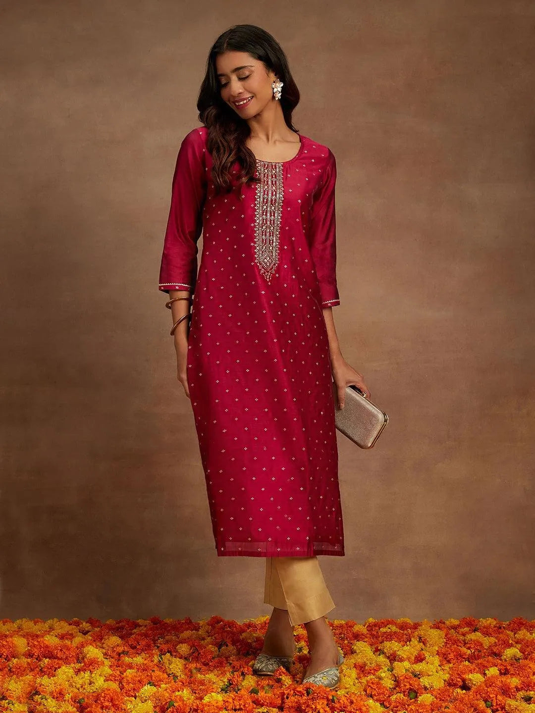 Anouk Fuchsia Chanderi Silk Woven Design Kurta