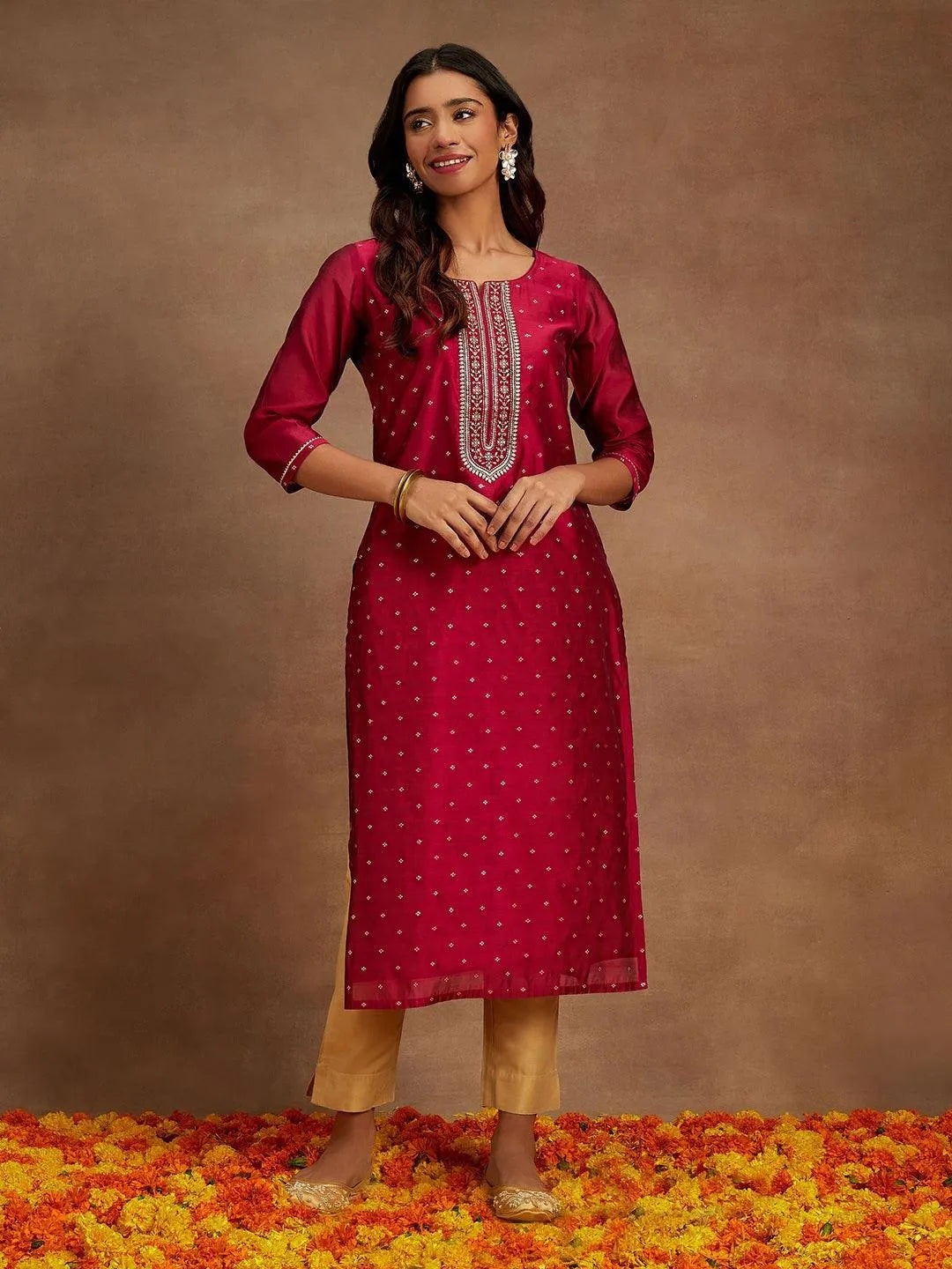 Anouk Fuchsia Chanderi Silk Woven Design Kurta