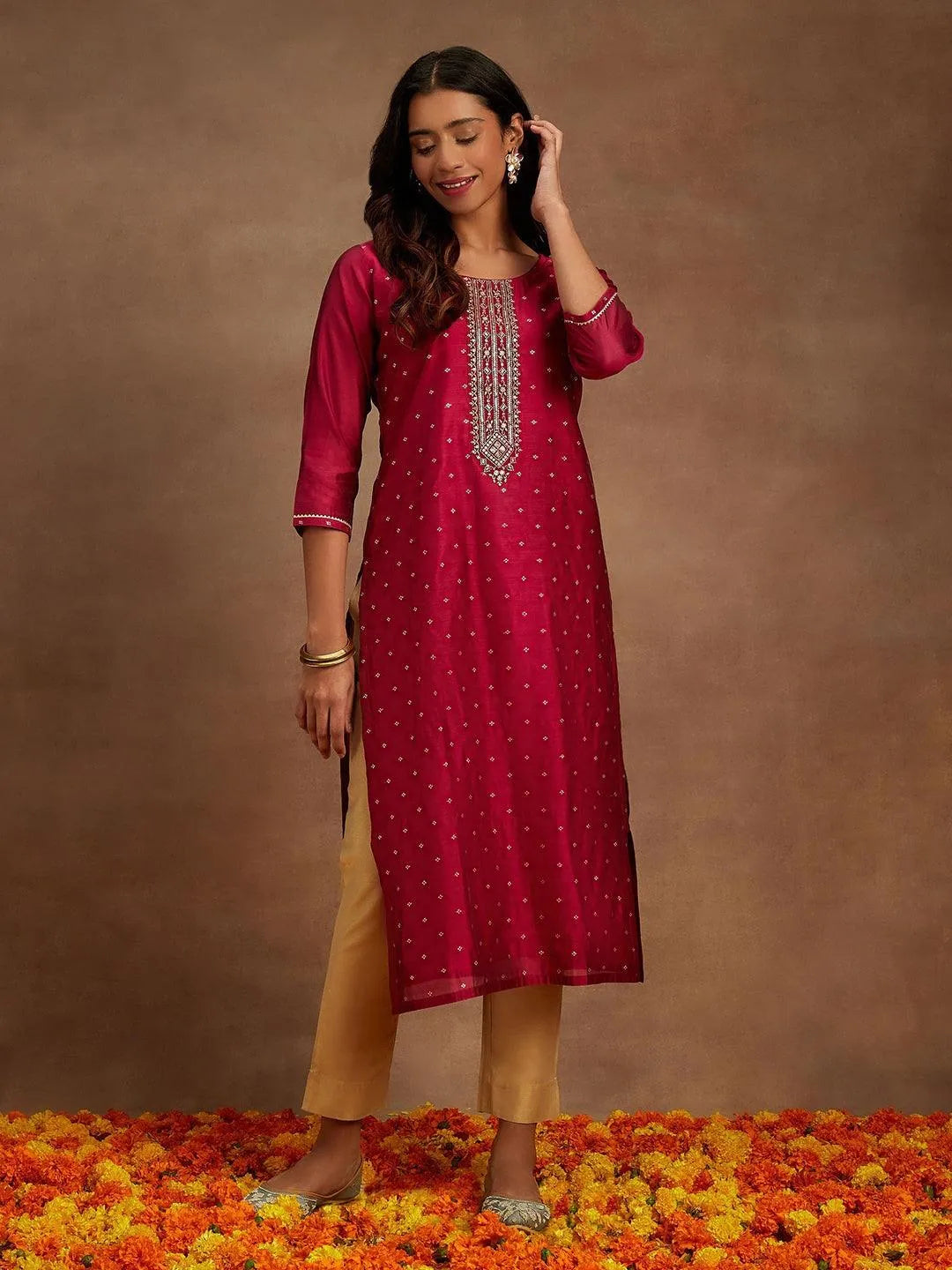 Anouk Fuchsia Chanderi Silk Woven Design Kurta