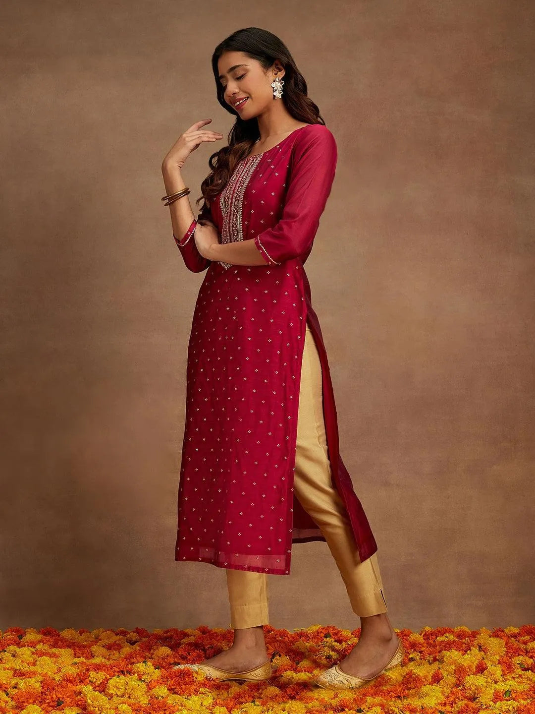 Anouk Fuchsia Chanderi Silk Woven Design Kurta