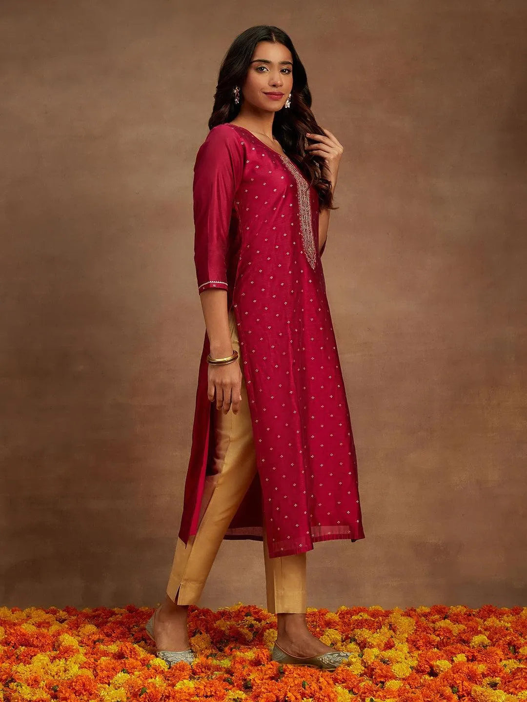 Anouk Fuchsia Chanderi Silk Woven Design Kurta