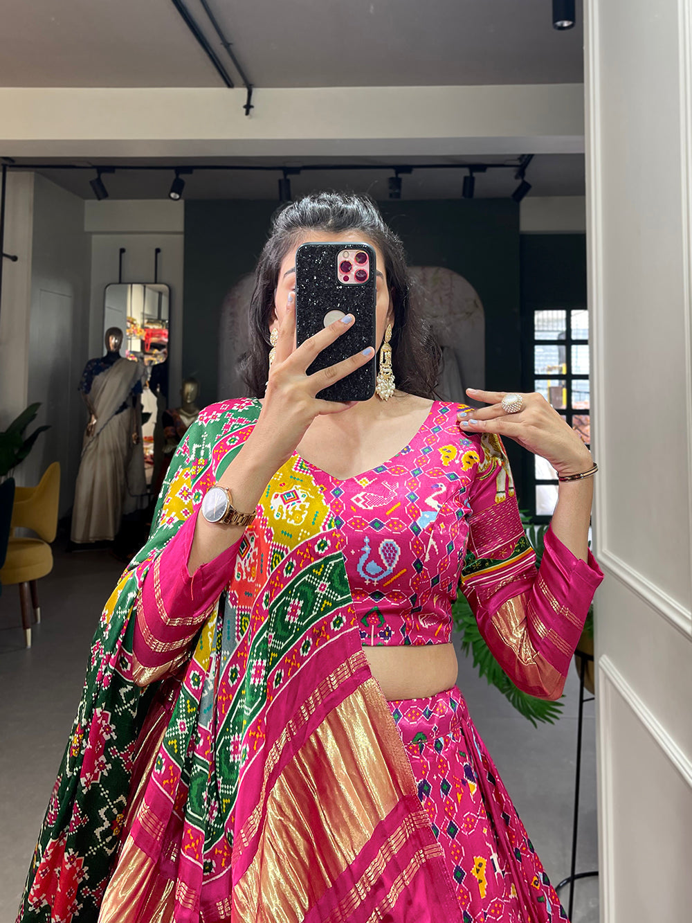 Rani Pink Color Digital Printed With Lagadi Patta Gaji Silk Lehenga Choli