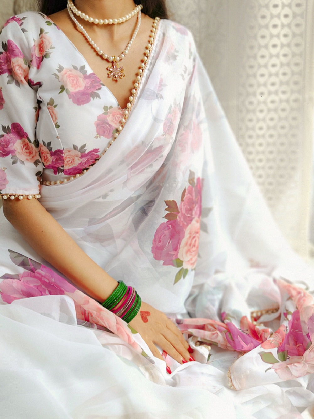 White Color Printed With Pearl Lace Border Georgette Saree
