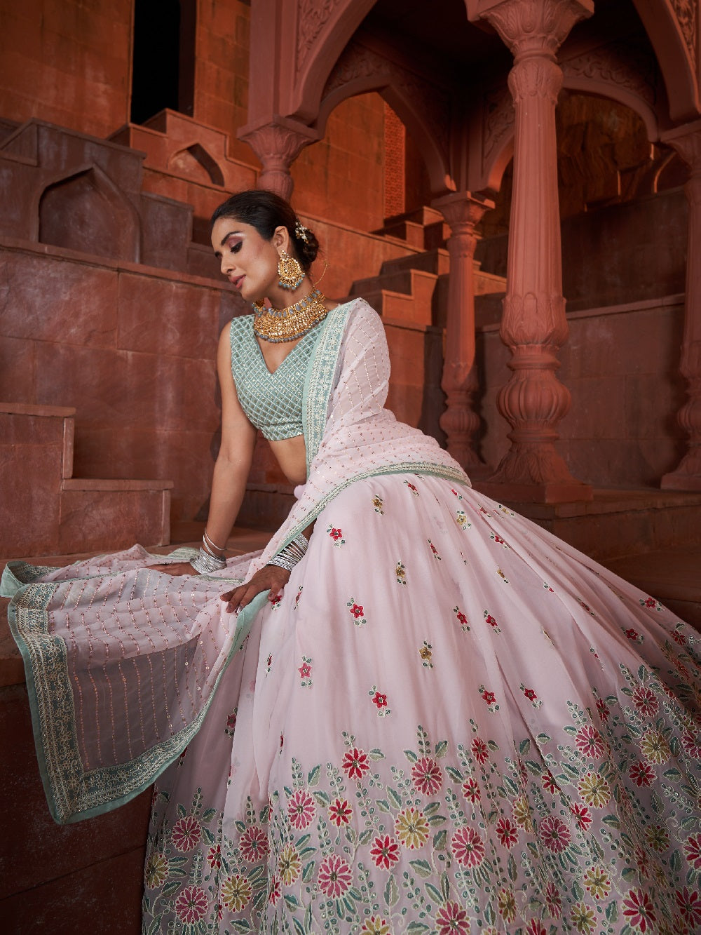 Light Pink Color Sequins With Embroidery Work Georgette Lehenga Choli