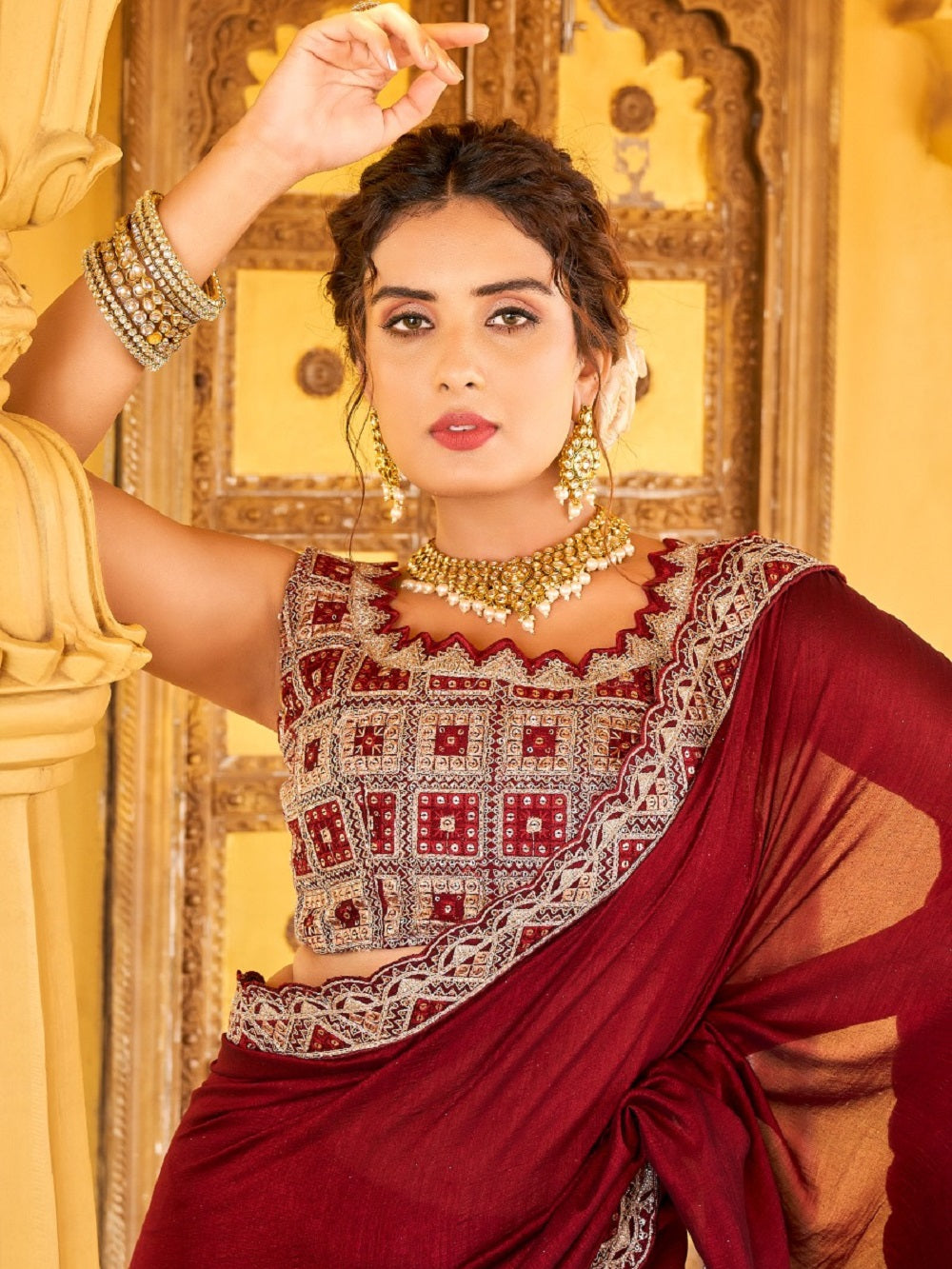 Maroon Color Vichitra Silk Saree