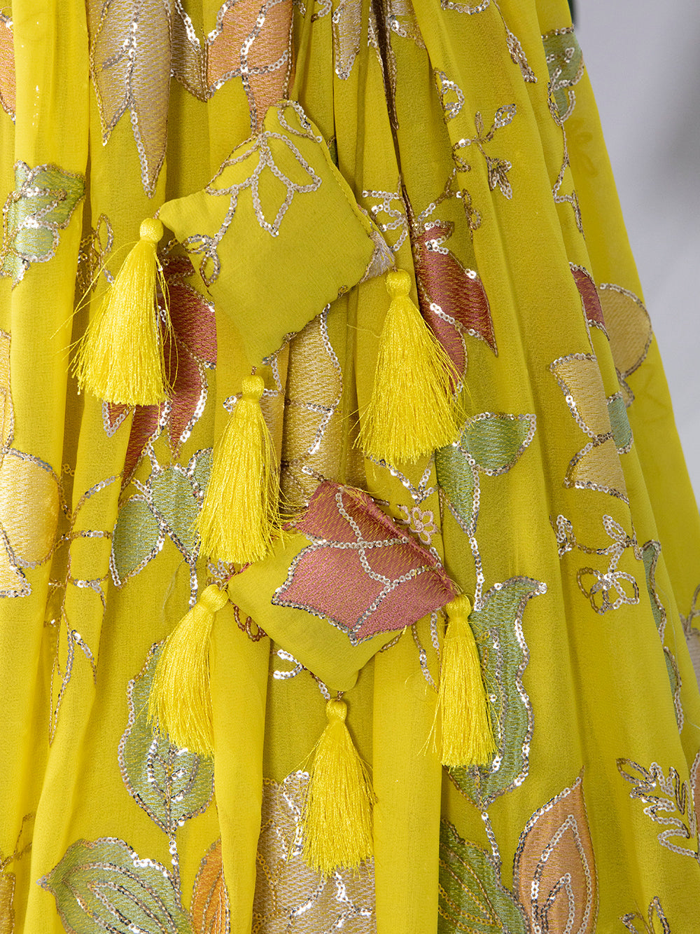Yellow Color Sequins And Thread Embroidery Work Georgette Lehenga Choli
