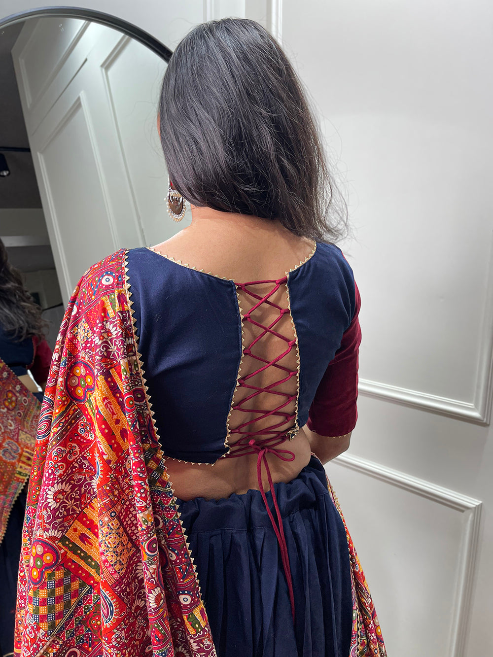 Navy Blue Color Plain And Printed With Gotta Patti Cotton For Navratri Chaniya Choli