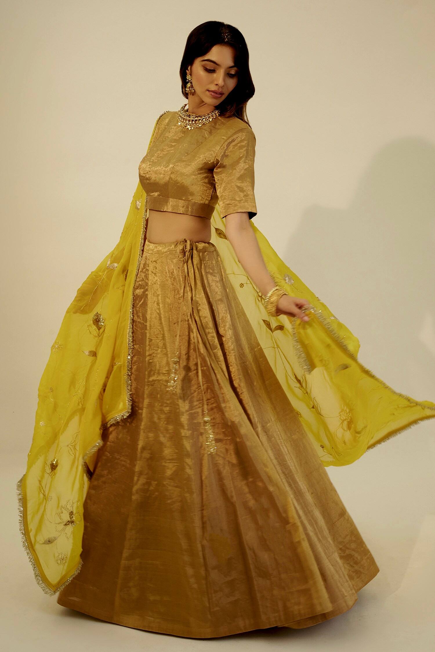 Gold Banarasi Zari Silk Lehenga Set with Sequins Georgette Dupatta