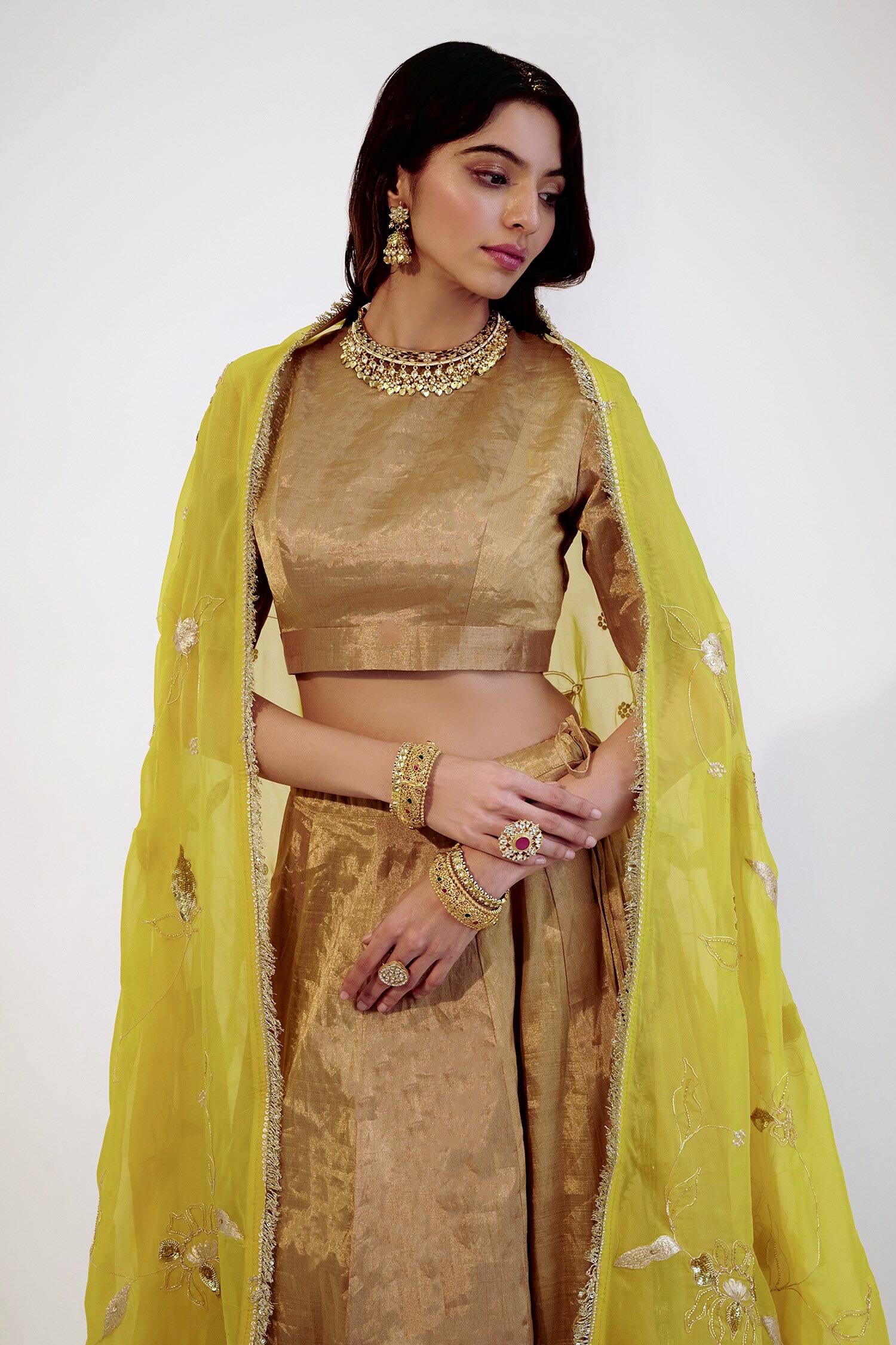 Gold Banarasi Zari Silk Lehenga Set with Sequins Georgette Dupatta