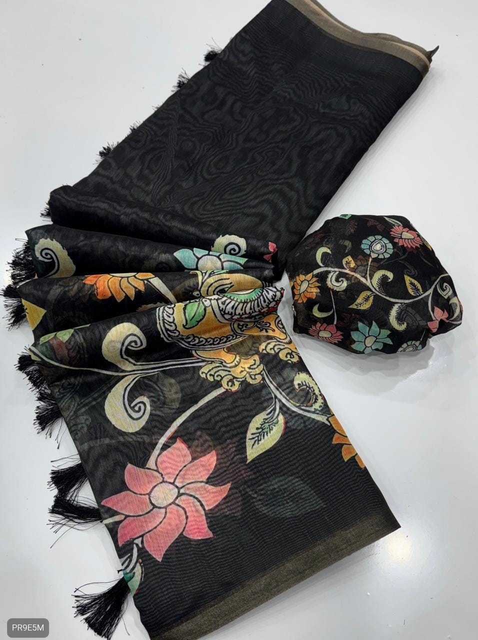 Gold Chanderi Kalamkari Blooming Saree with Peacock Digital Print & Tassels