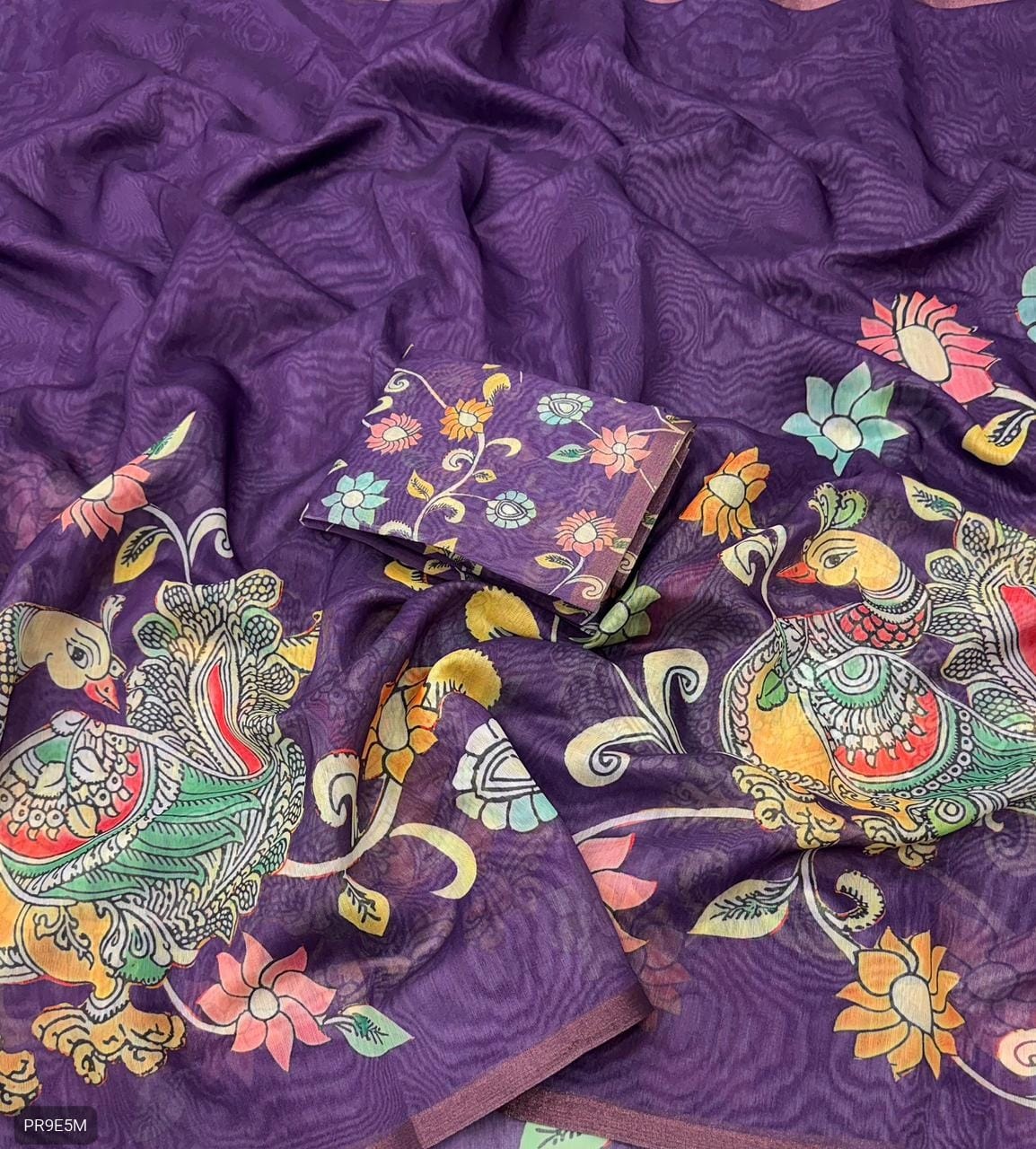 Gold Chanderi Kalamkari Blooming Saree with Peacock Digital Print & Tassels