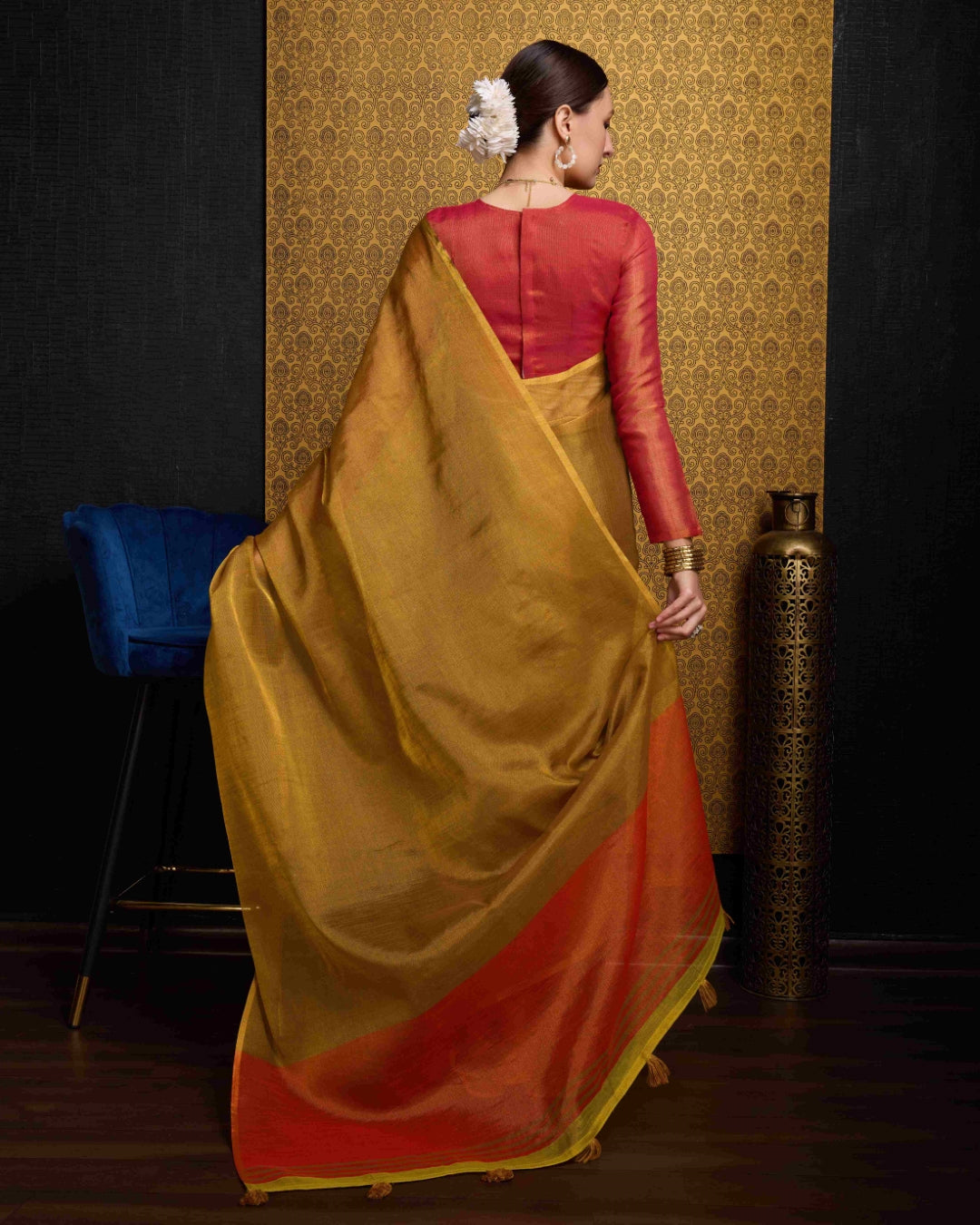 Gold Elegant Woven Design Linen Blend Saree with Zari Border