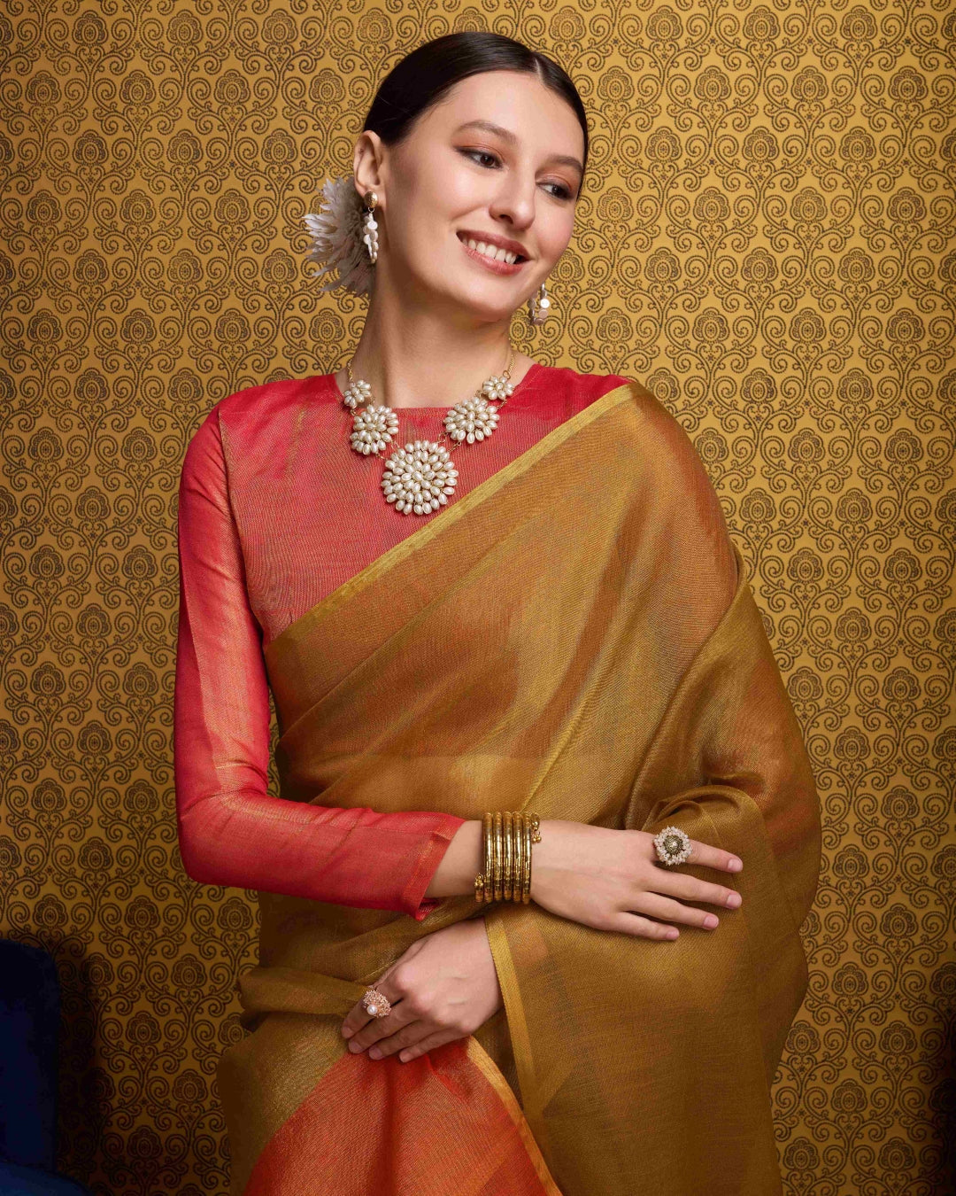 Gold Elegant Woven Design Linen Blend Saree with Zari Border