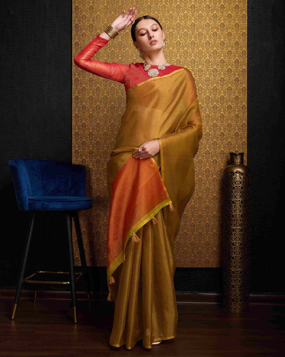 Gold Elegant Woven Design Linen Blend Saree with Zari Border