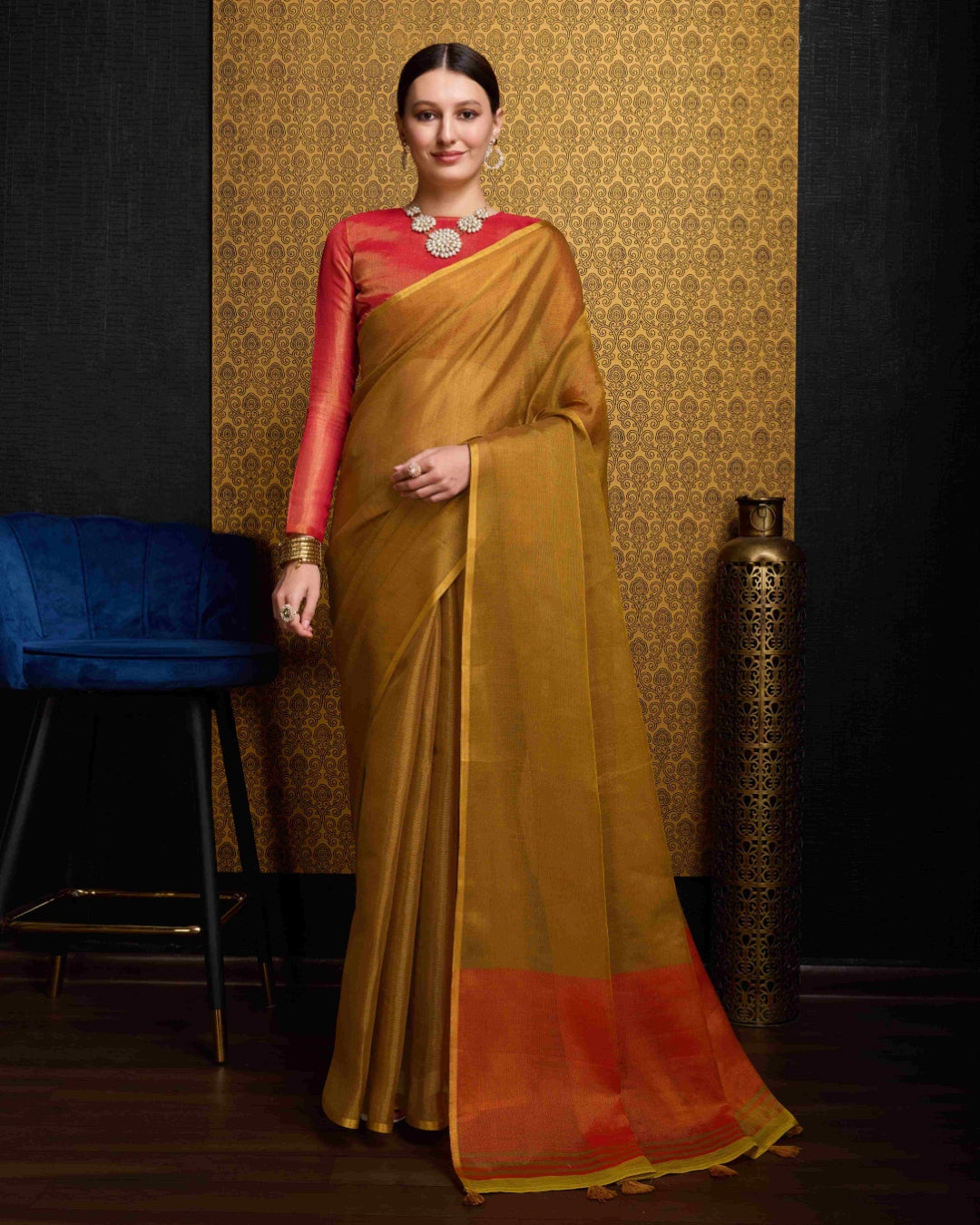 Gold Elegant Woven Design Linen Blend Saree with Zari Border