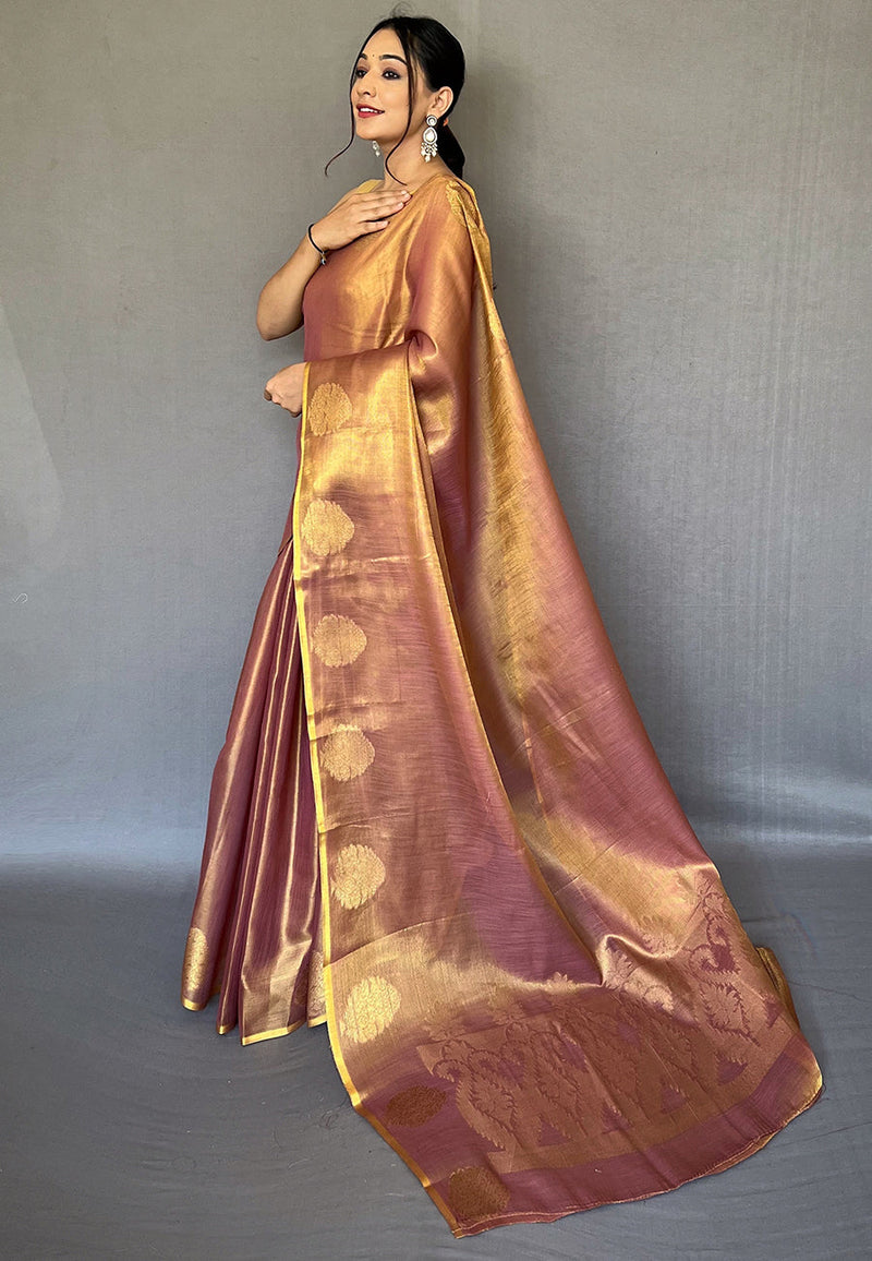 Gold Elegant Woven Tissue Silk Saree with Gold Accents & Unstitched Blouse Piece – Party & Festive Wear