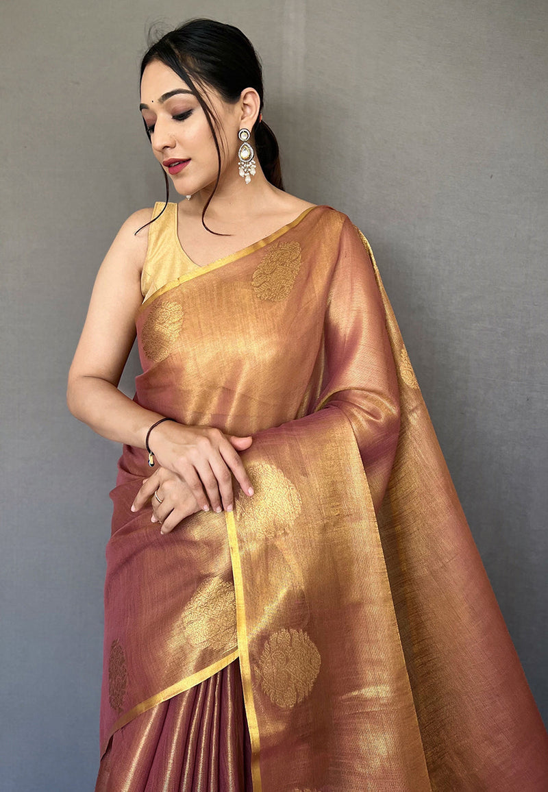 Gold Elegant Woven Tissue Silk Saree with Gold Accents & Unstitched Blouse Piece – Party & Festive Wear