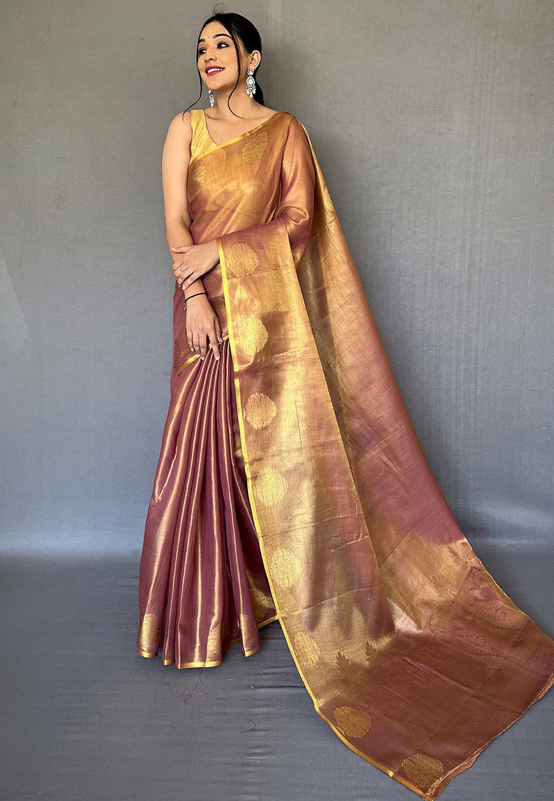 Gold Elegant Woven Tissue Silk Saree with Gold Accents & Unstitched Blouse Piece – Party & Festive Wear