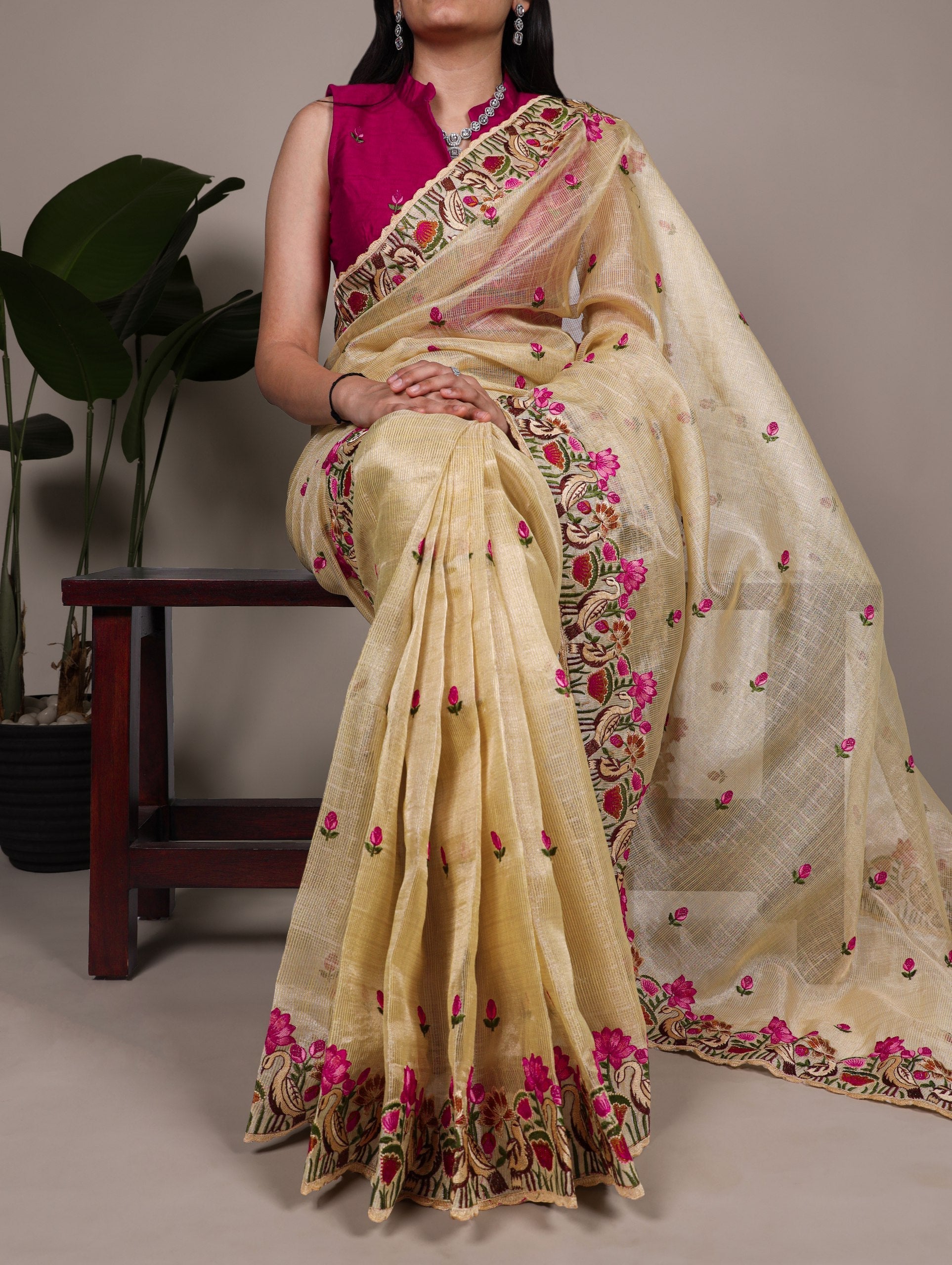 Gold Elegant Zari Kota Tissue Saree with Exquisite Thread Embroidery Work and Banglory Blouse Piece – Premium Ethnic Ensemble