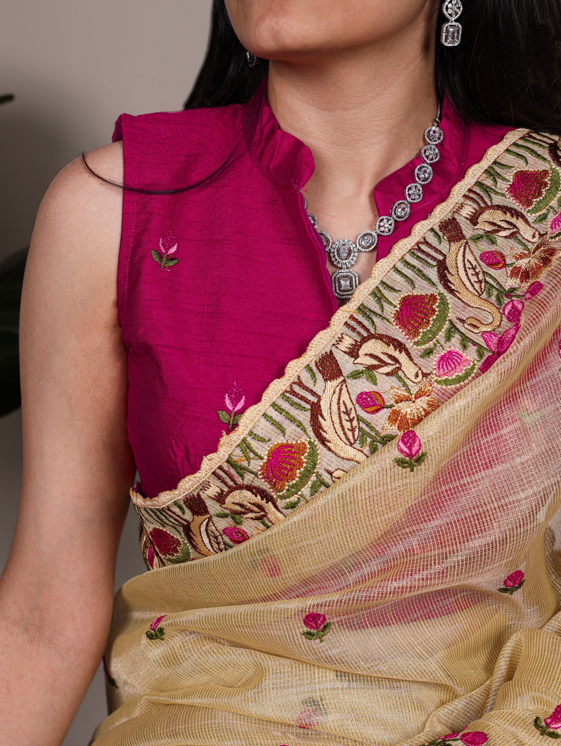 Gold Elegant Zari Kota Tissue Saree with Exquisite Thread Embroidery Work and Banglory Blouse Piece – Premium Ethnic Ensemble