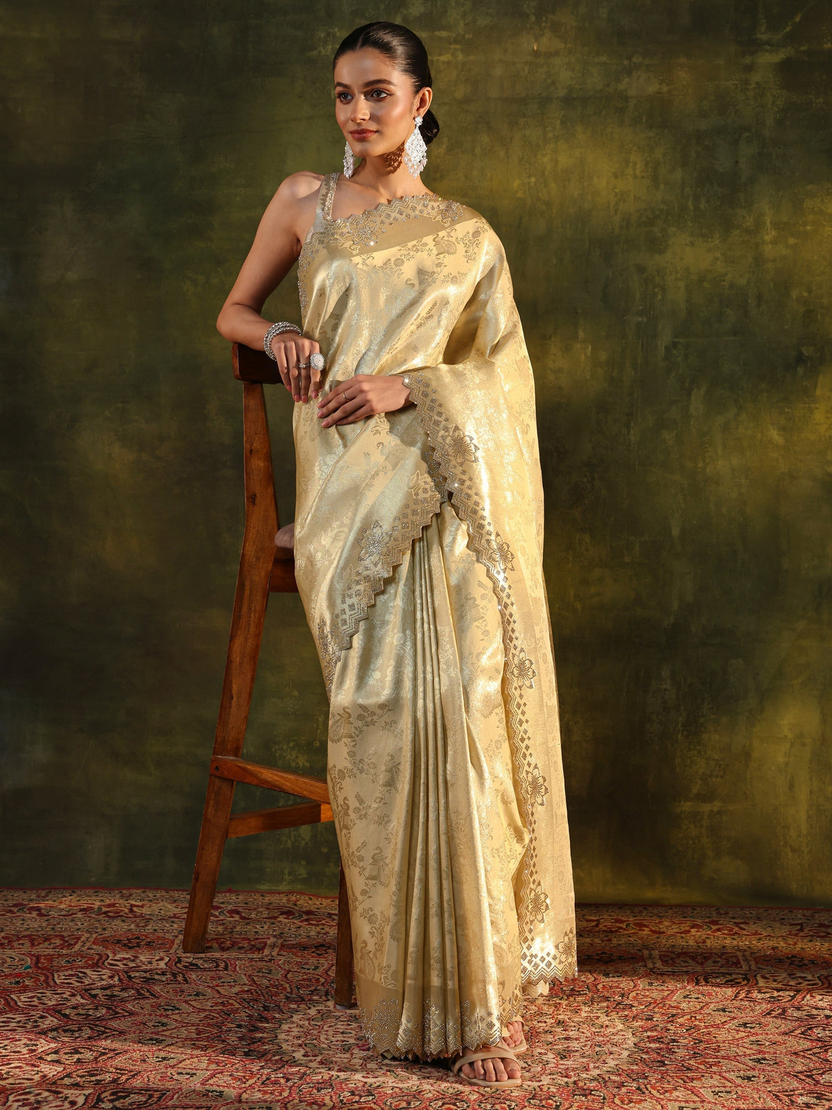 Anouk Gold Floral Embellished Silk Blend Saree With Unstitched Blouse Piece