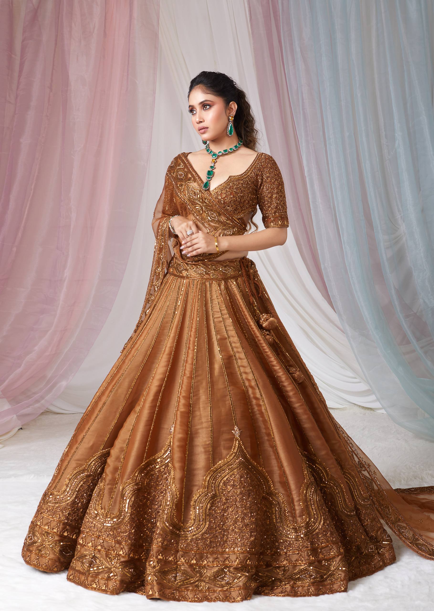 Gold Satin Sequins & Dori Work Lehenga