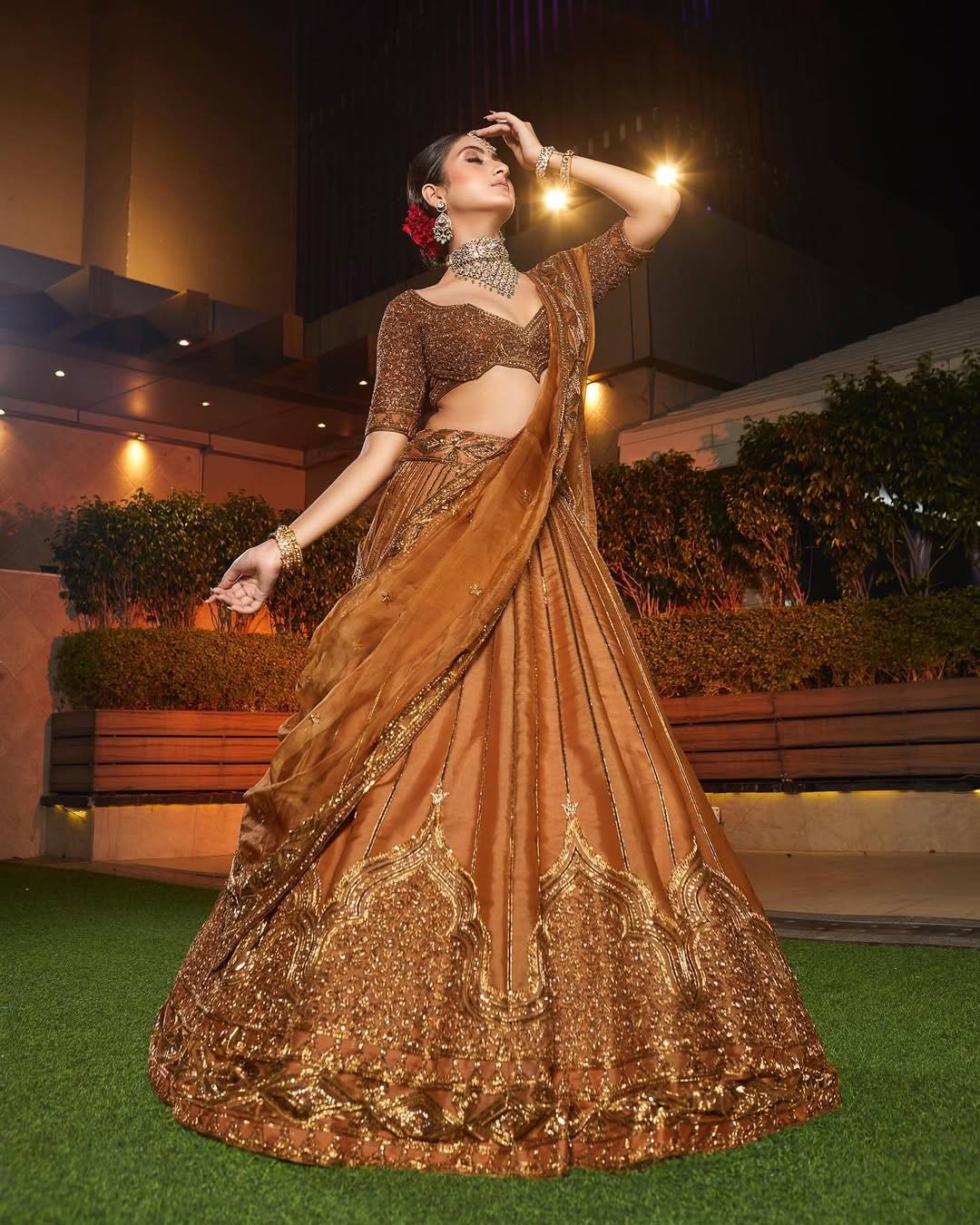 Gold Satin Sequins & Dori Work Lehenga