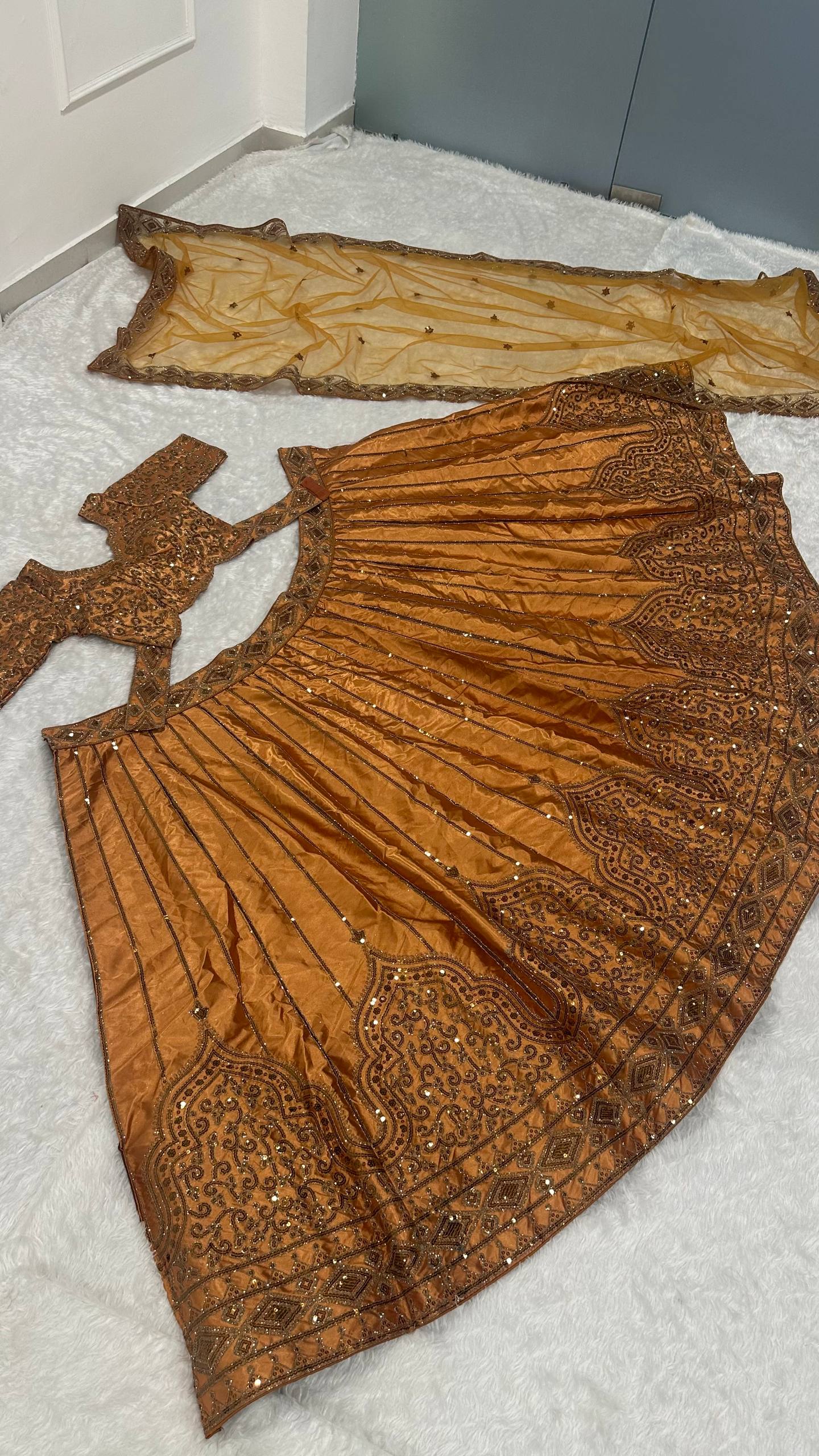 Gold Satin Sequins & Dori Work Lehenga