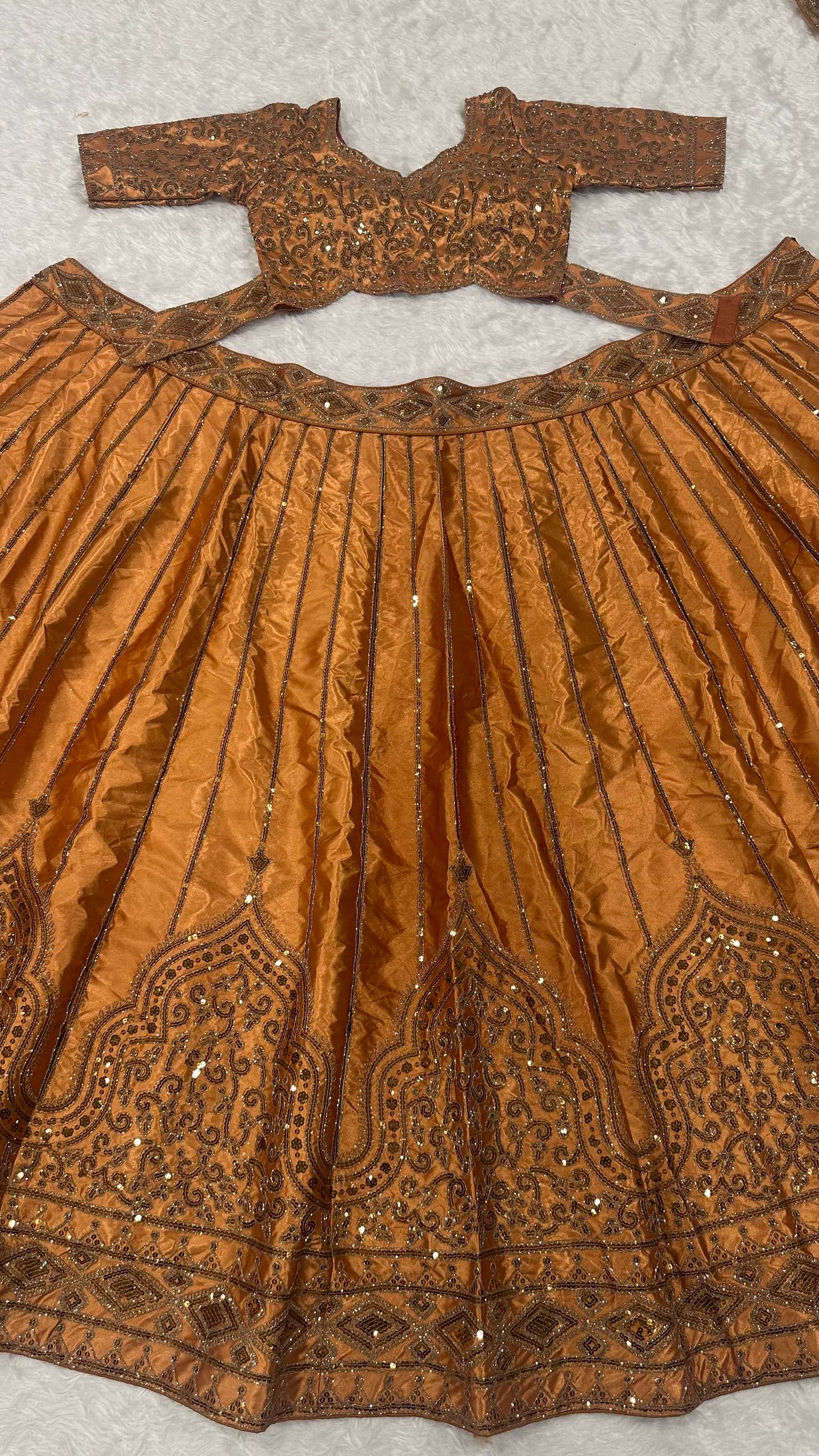 Gold Satin Sequins & Dori Work Lehenga