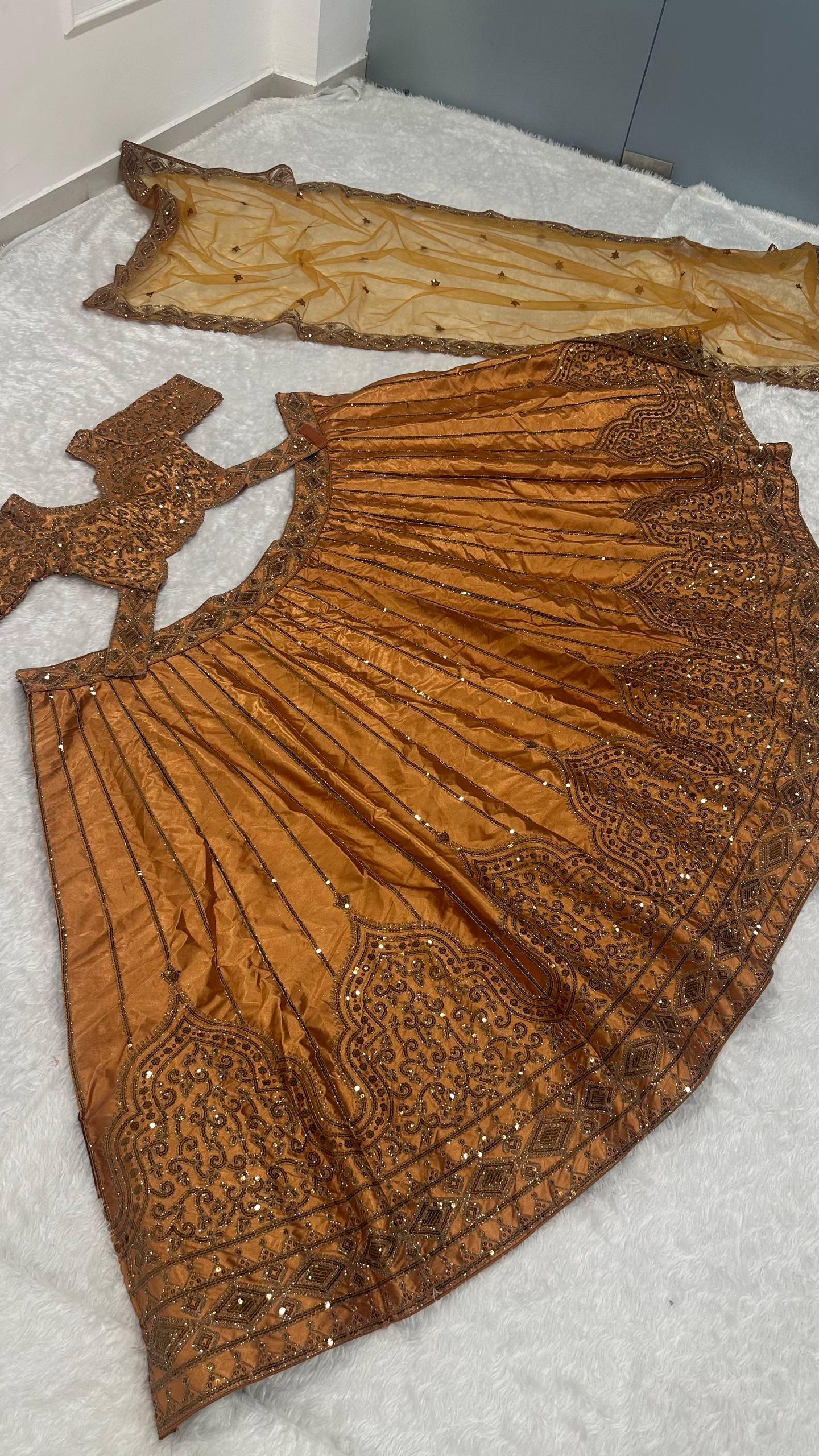 Gold Satin Sequins & Dori Work Lehenga
