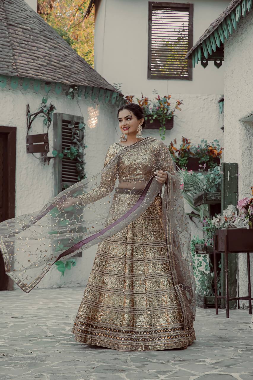 Gold Shimmering Faux Georgette Sequins Lehenga Set with Can-Can