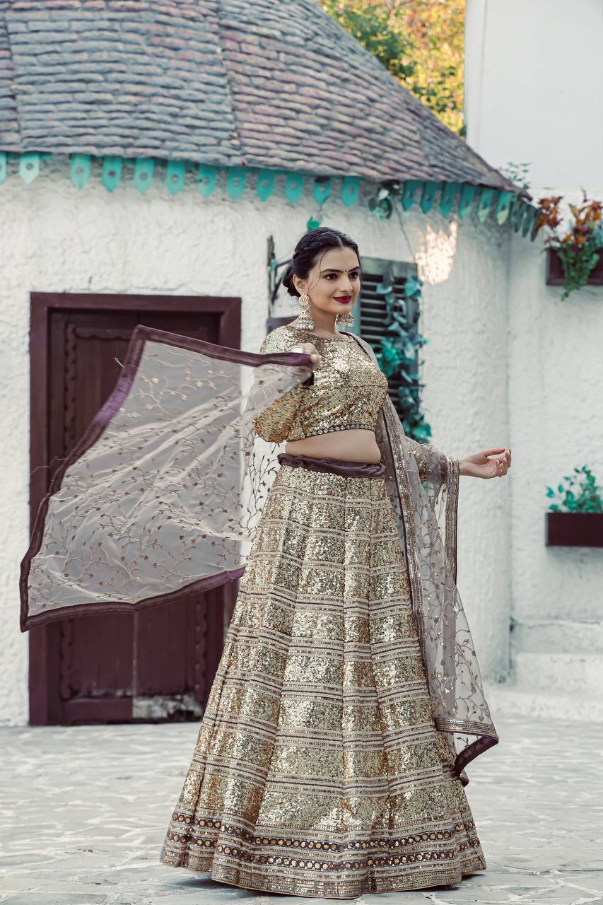 Gold Shimmering Faux Georgette Sequins Lehenga Set with Can-Can
