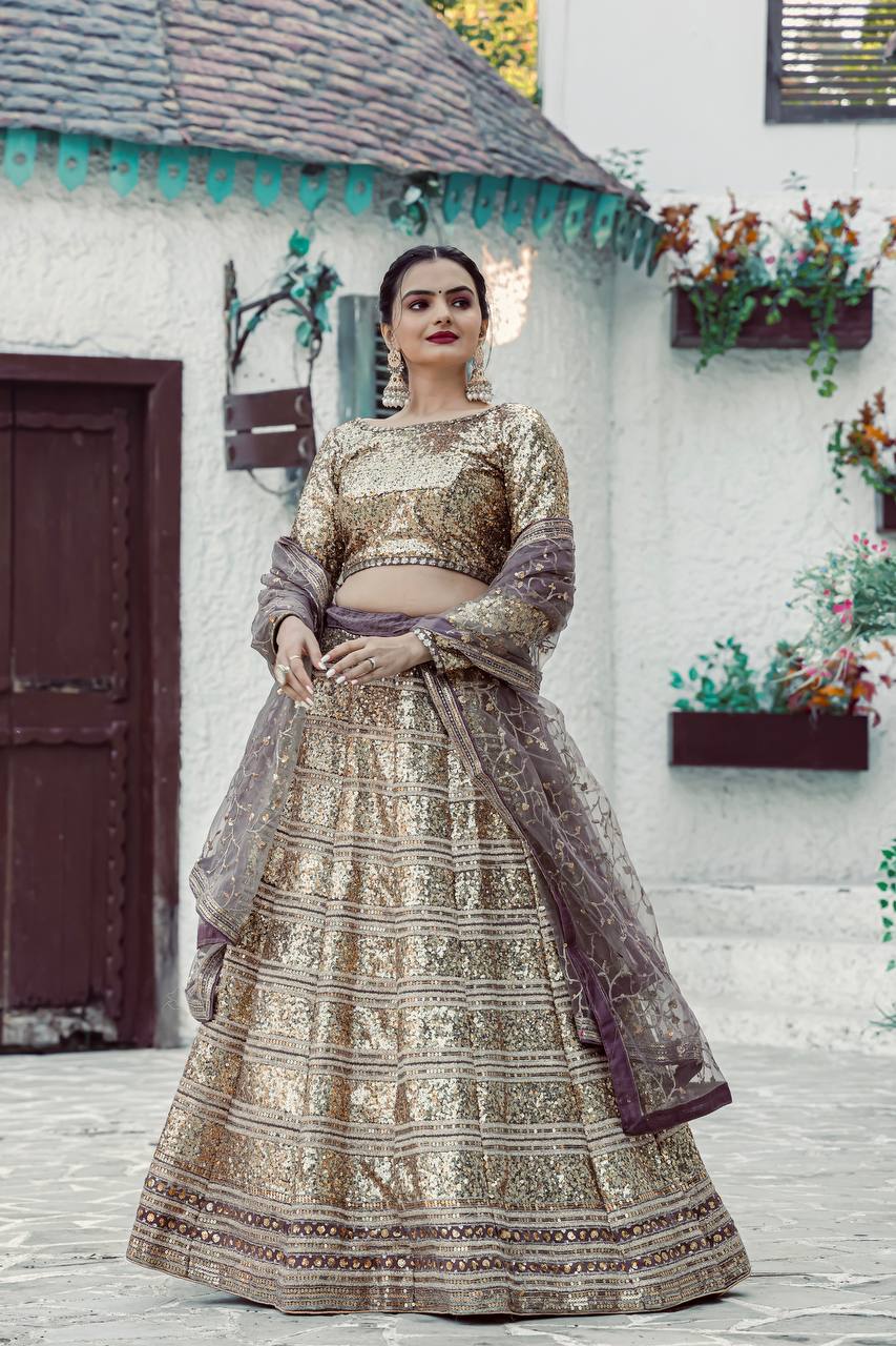 Gold Shimmering Faux Georgette Sequins Lehenga Set with Can-Can