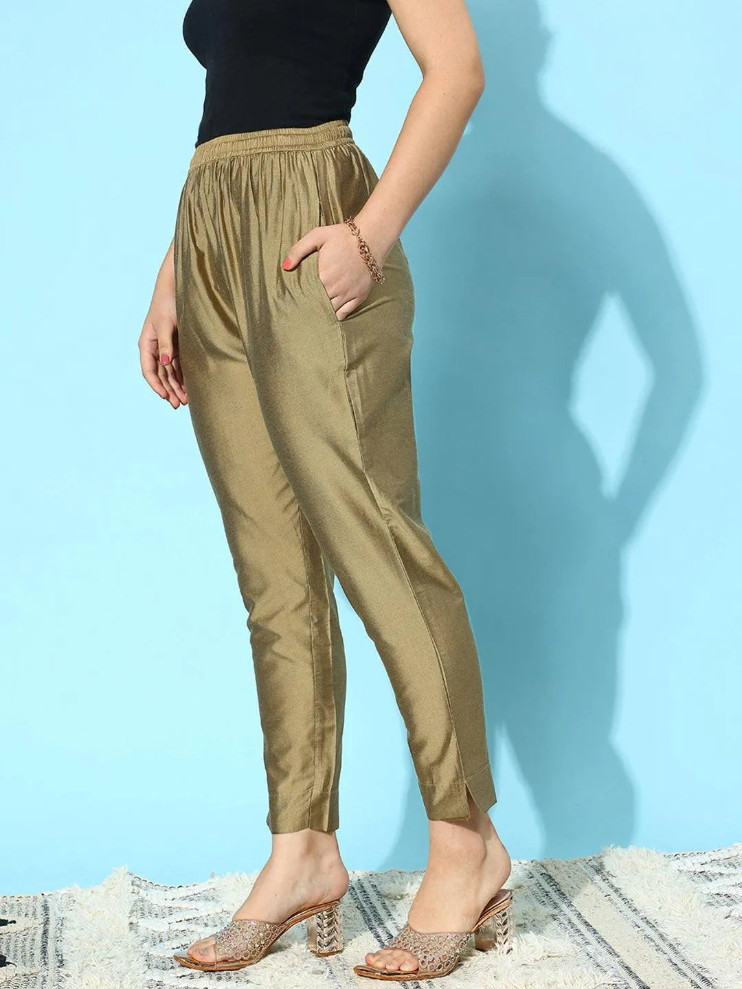 Anouk Gold Solid Silk Trousers